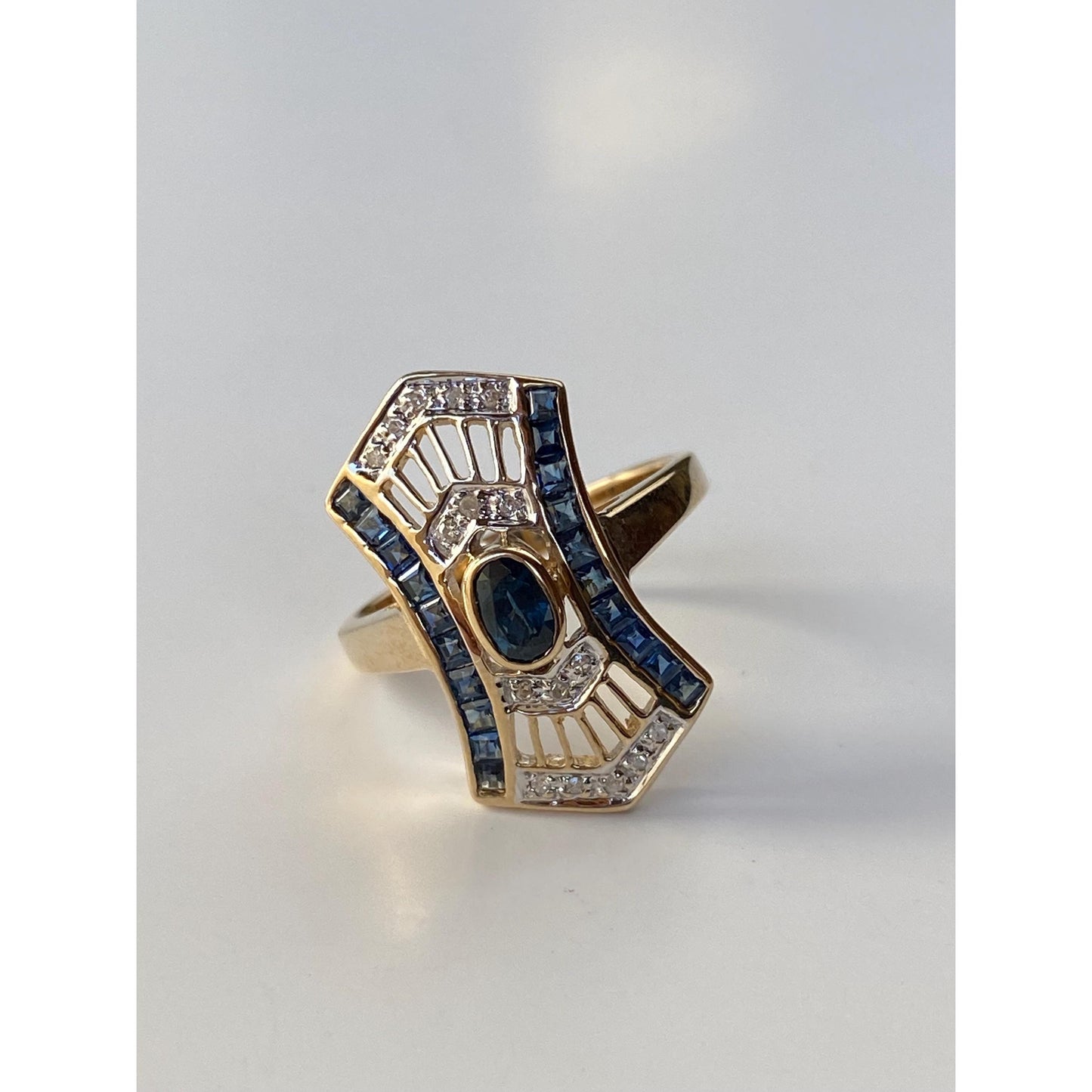 Solid 14k Yellow Gold Blue Sapphire Diamond Art Nouveau Ring - Size 6.5