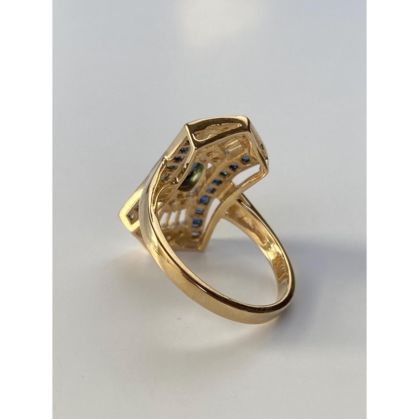 Solid 14k Yellow Gold Blue Sapphire Diamond Art Nouveau Ring - Size 6.5