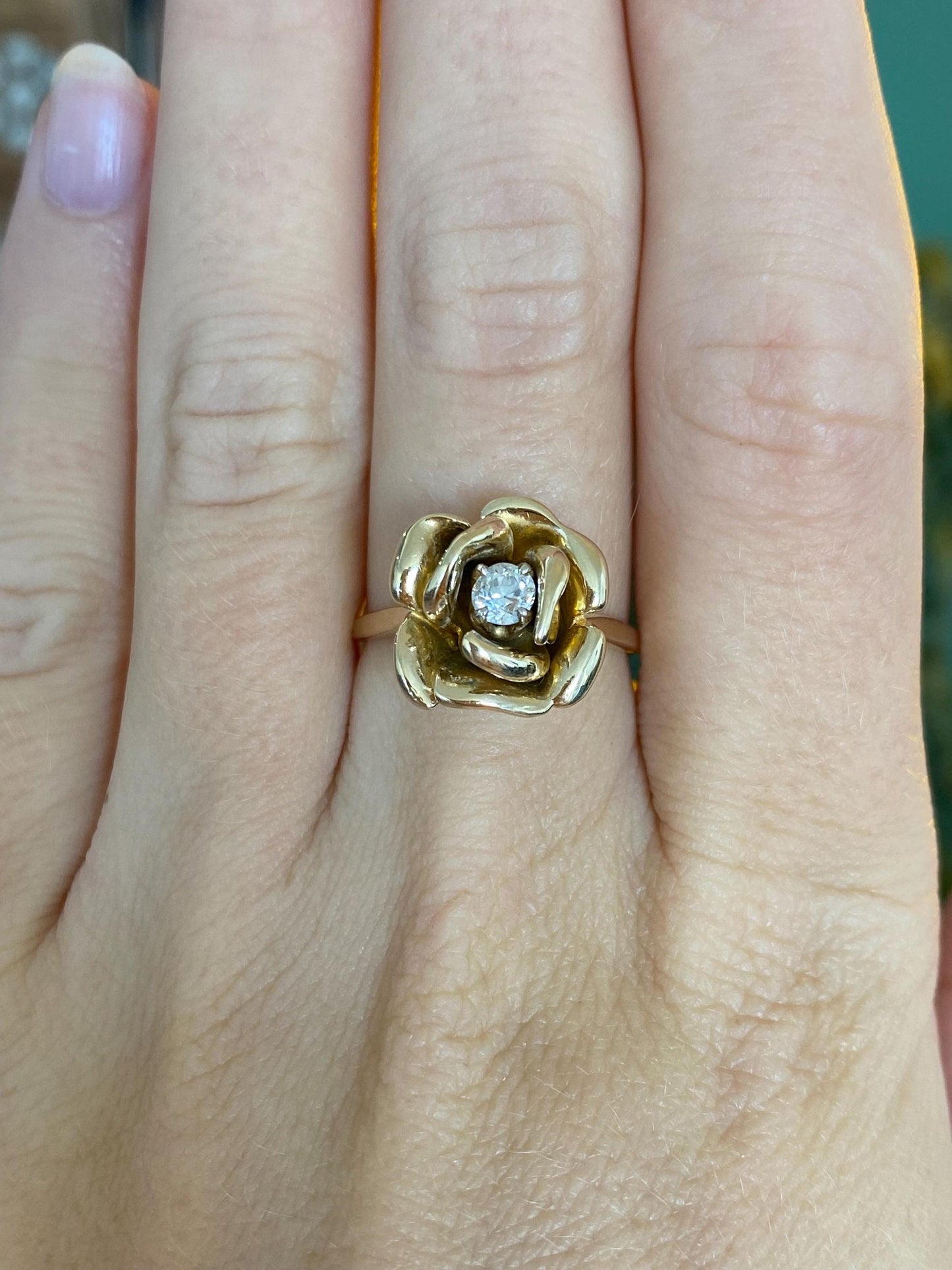 Vintage Solid 14k Yellow Gold Diamond Rose Ring - Size 7.25