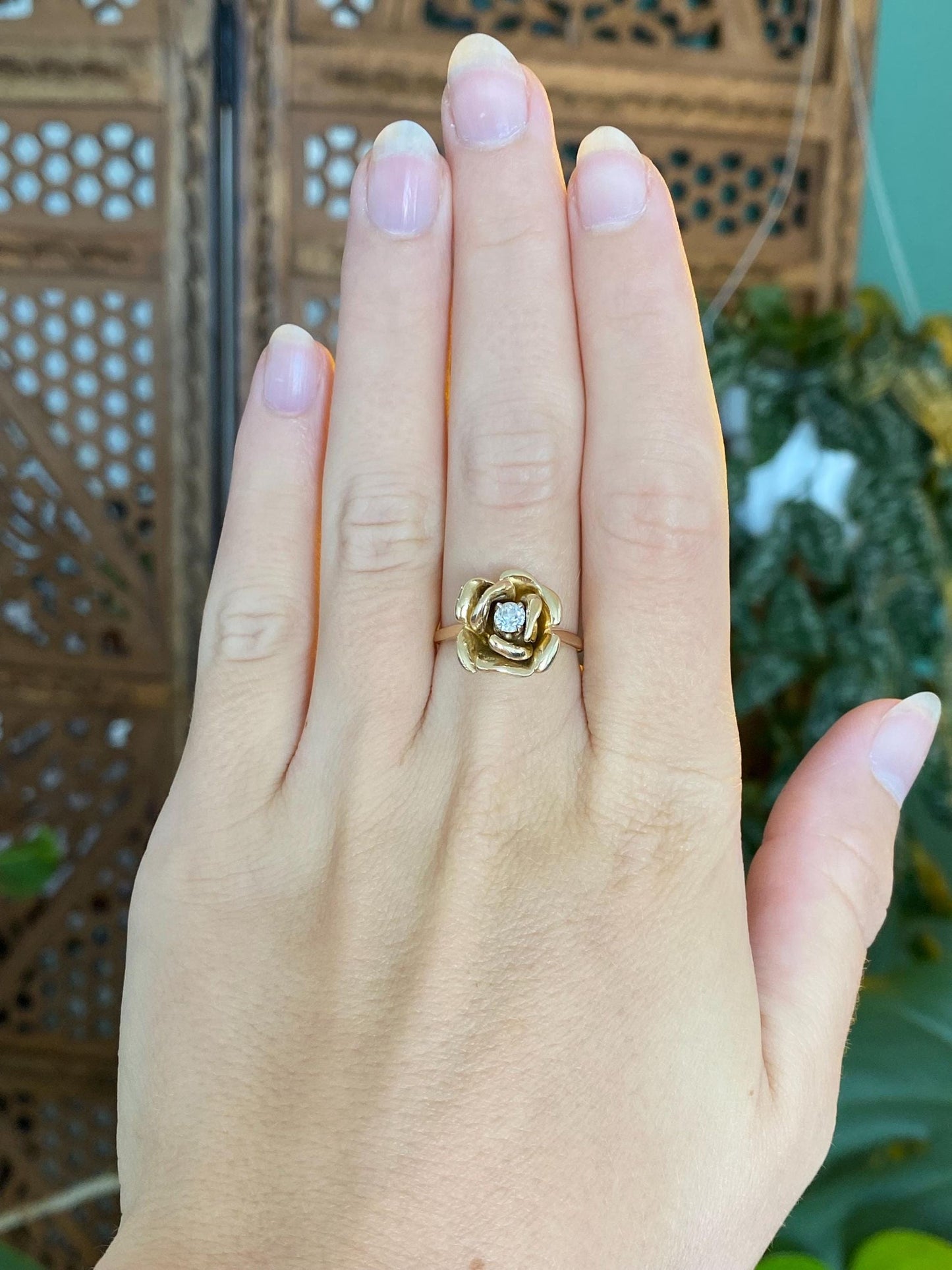 Vintage Solid 14k Yellow Gold Diamond Rose Ring - Size 7.25