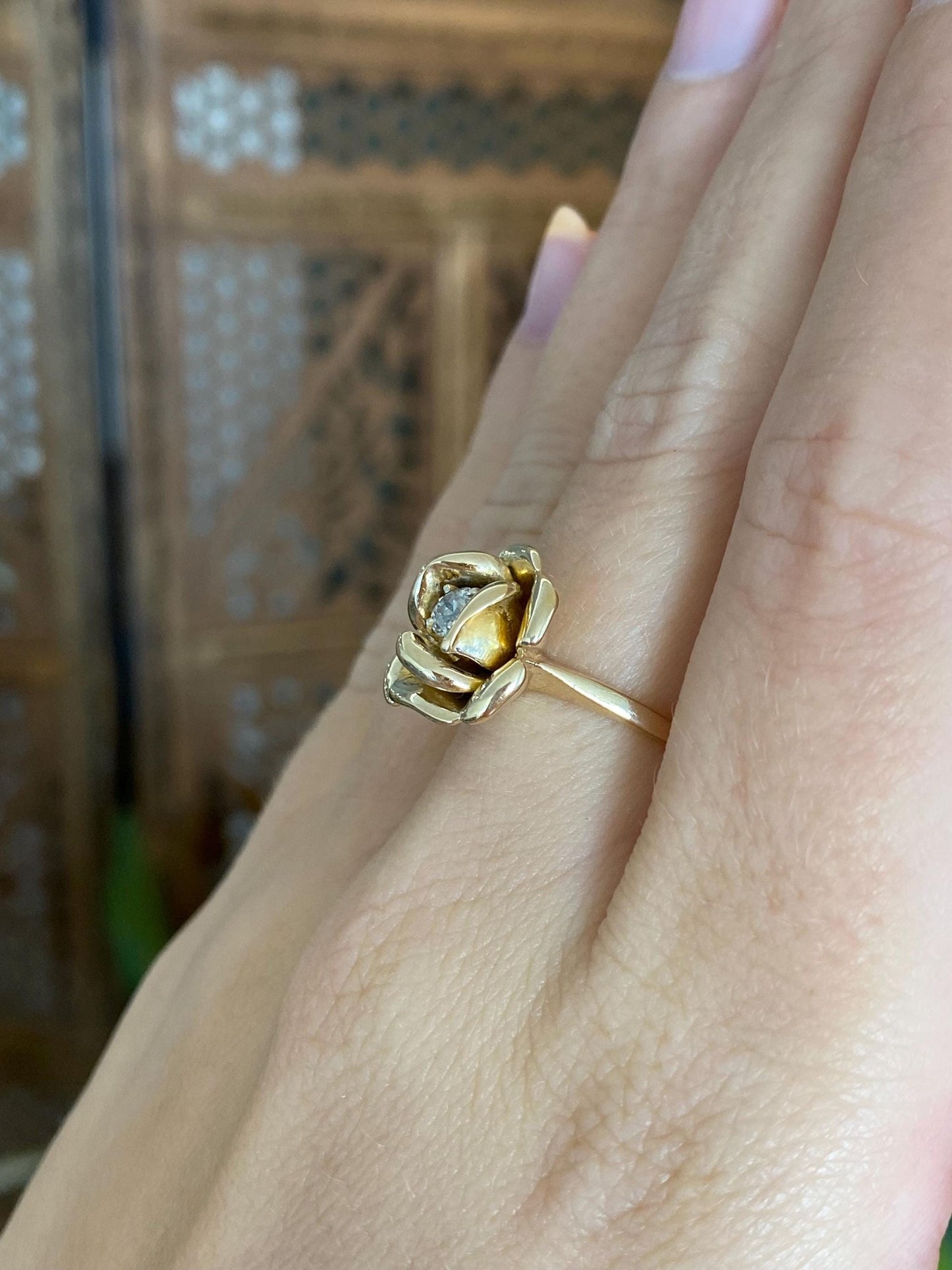 Vintage Solid 14k Yellow Gold Diamond Rose Ring - Size 7.25