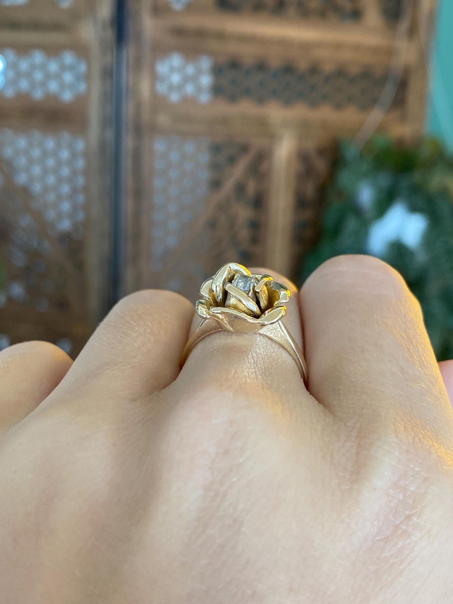 Vintage Solid 14k Yellow Gold Diamond Rose Ring - Size 7.25