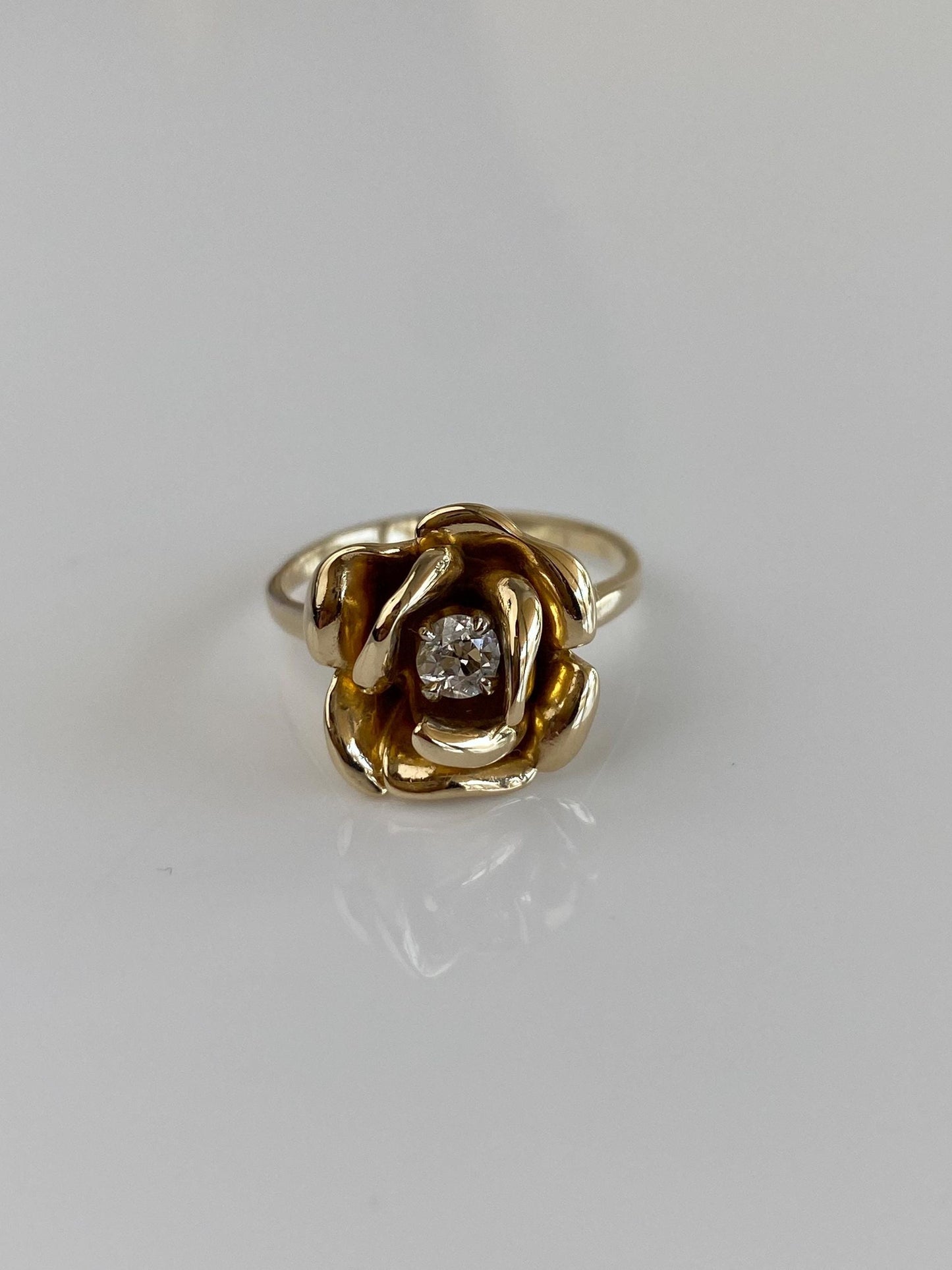 Vintage Solid 14k Yellow Gold Diamond Rose Ring - Size 7.25