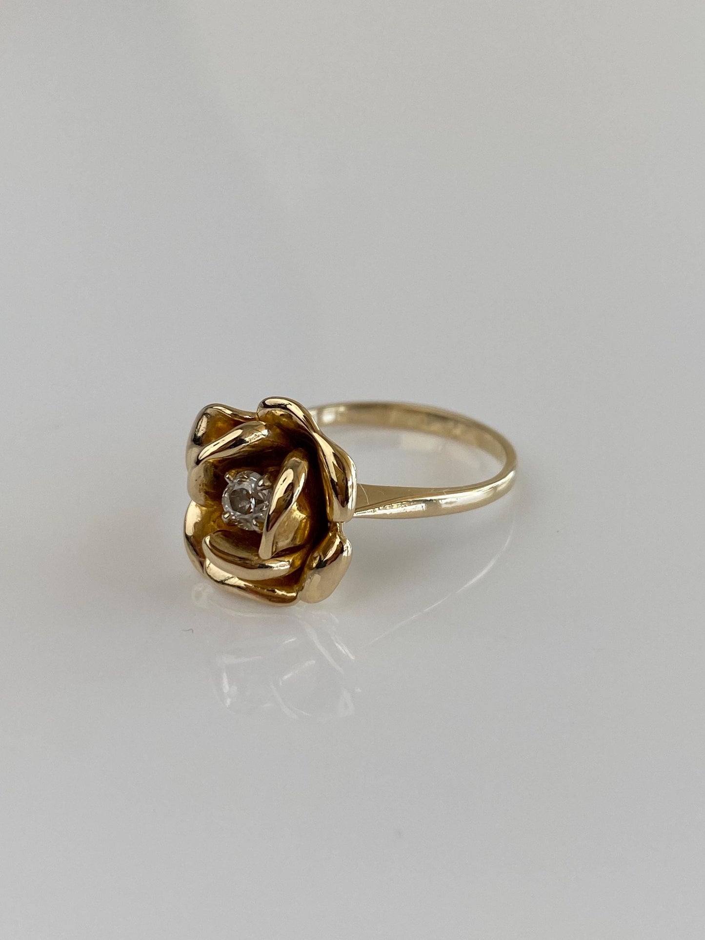 Vintage Solid 14k Yellow Gold Diamond Rose Ring - Size 7.25