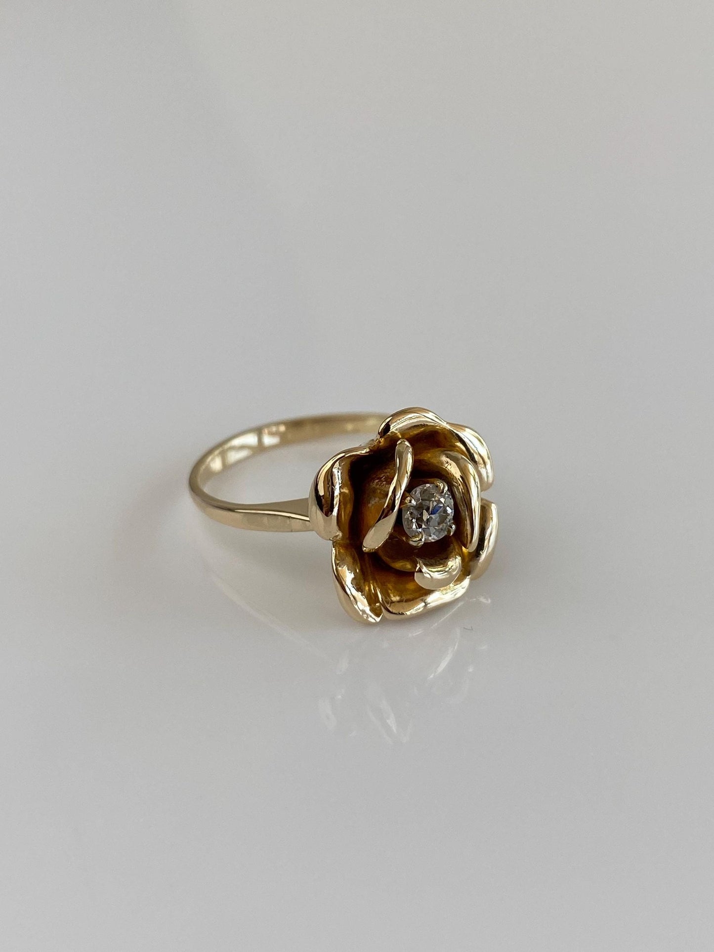Vintage Solid 14k Yellow Gold Diamond Rose Ring - Size 7.25