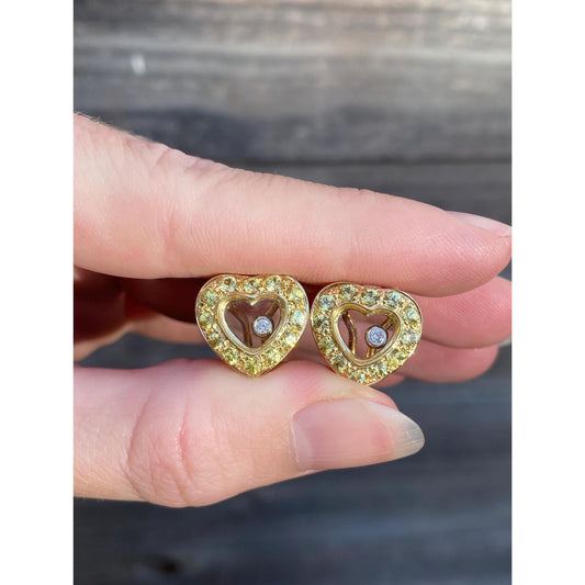 Vintage Solid 18k Yellow Gold Green Topaz Diamond Shaker Heart Stud Earrings
