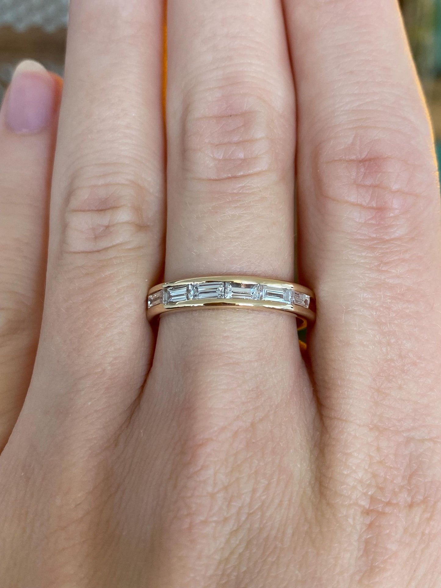 Vintage Solid 14k Yellow Gold Baguette Diamond Ring Band - Size 7.25