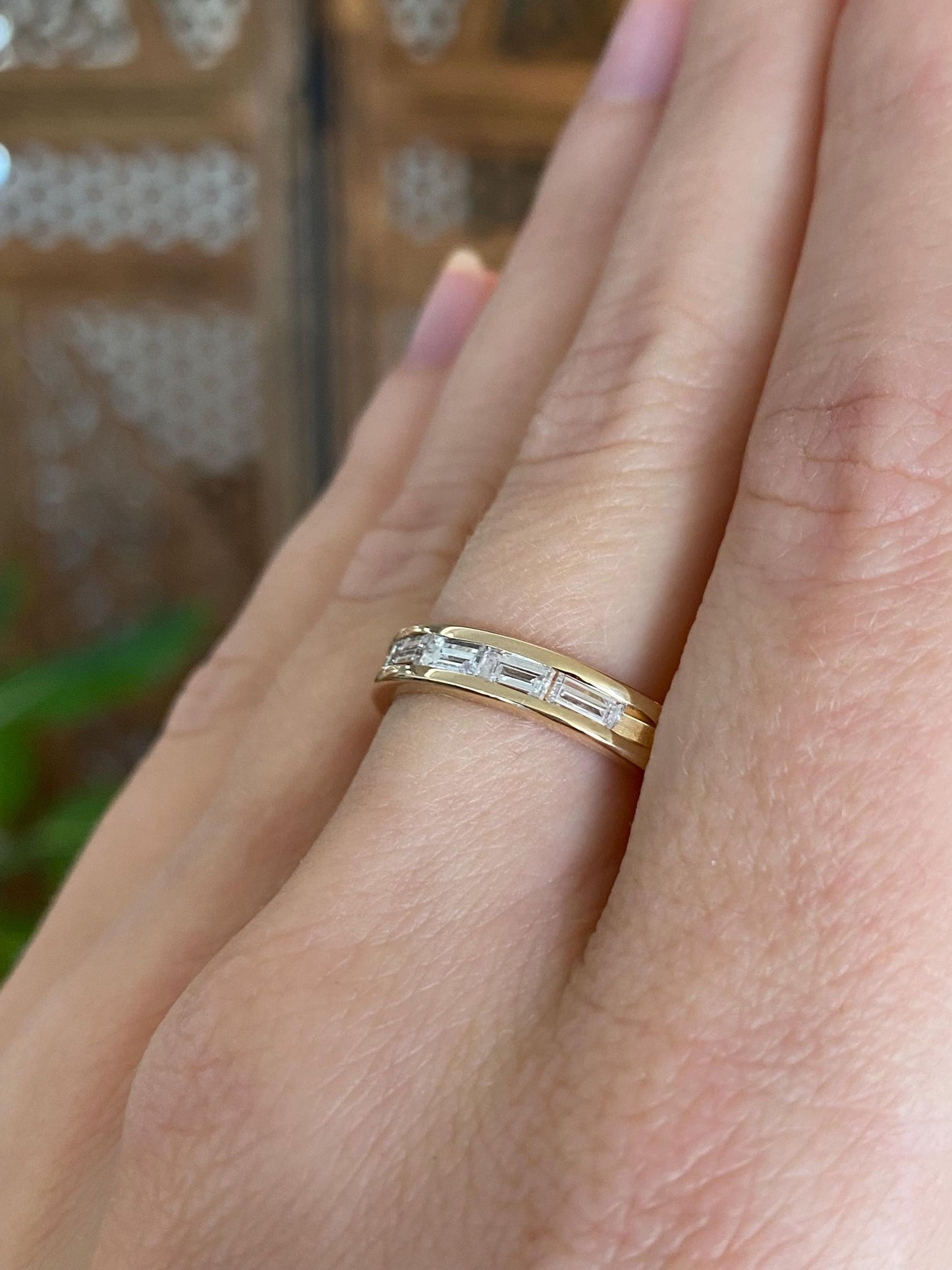 Vintage Solid 14k Yellow Gold Baguette Diamond Ring Band - Size 7.25
