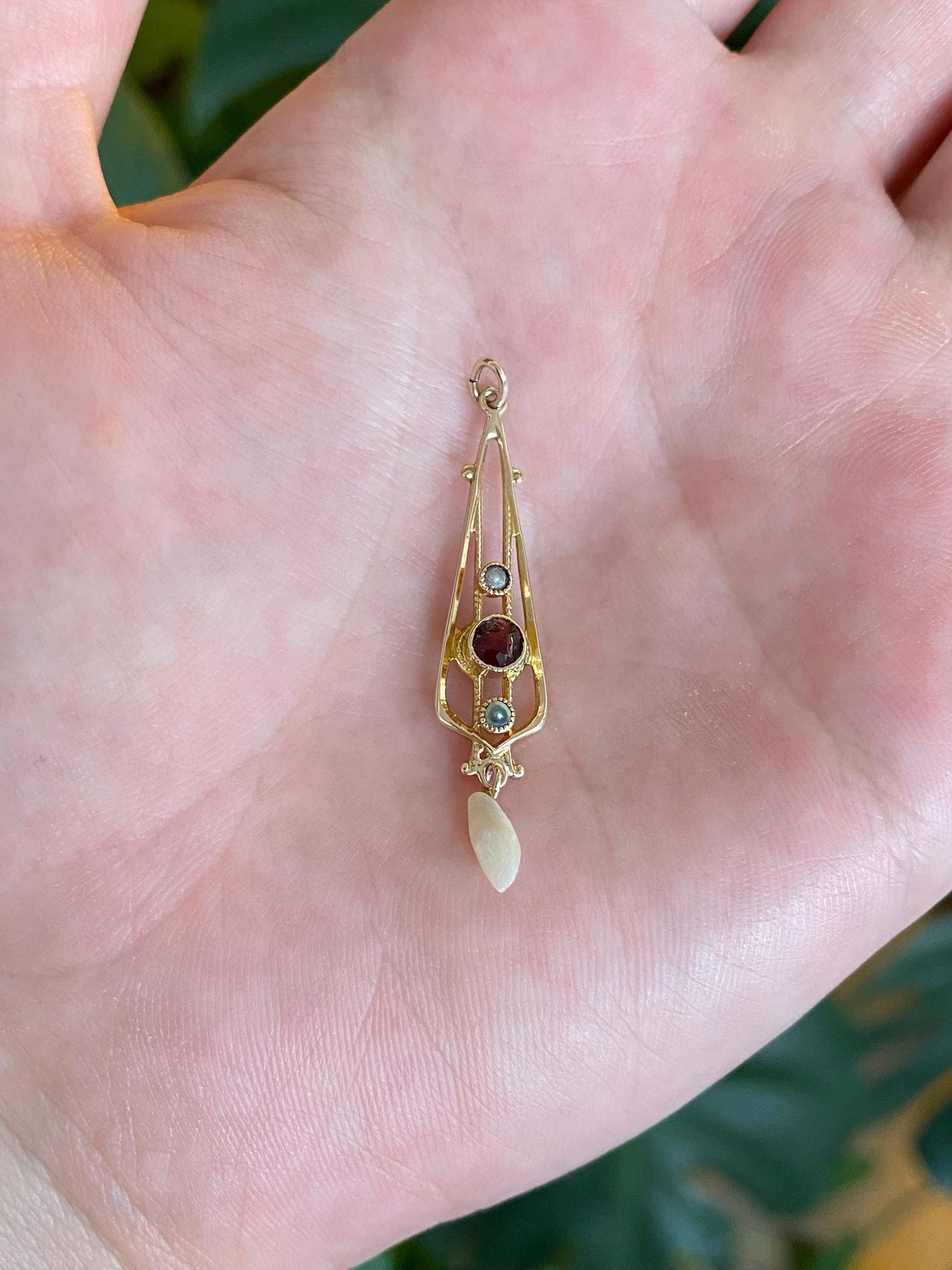 Vintage Solid 10k Yellow Gold Garnet Seed Pearls Freeform Pearl Dangle Charm