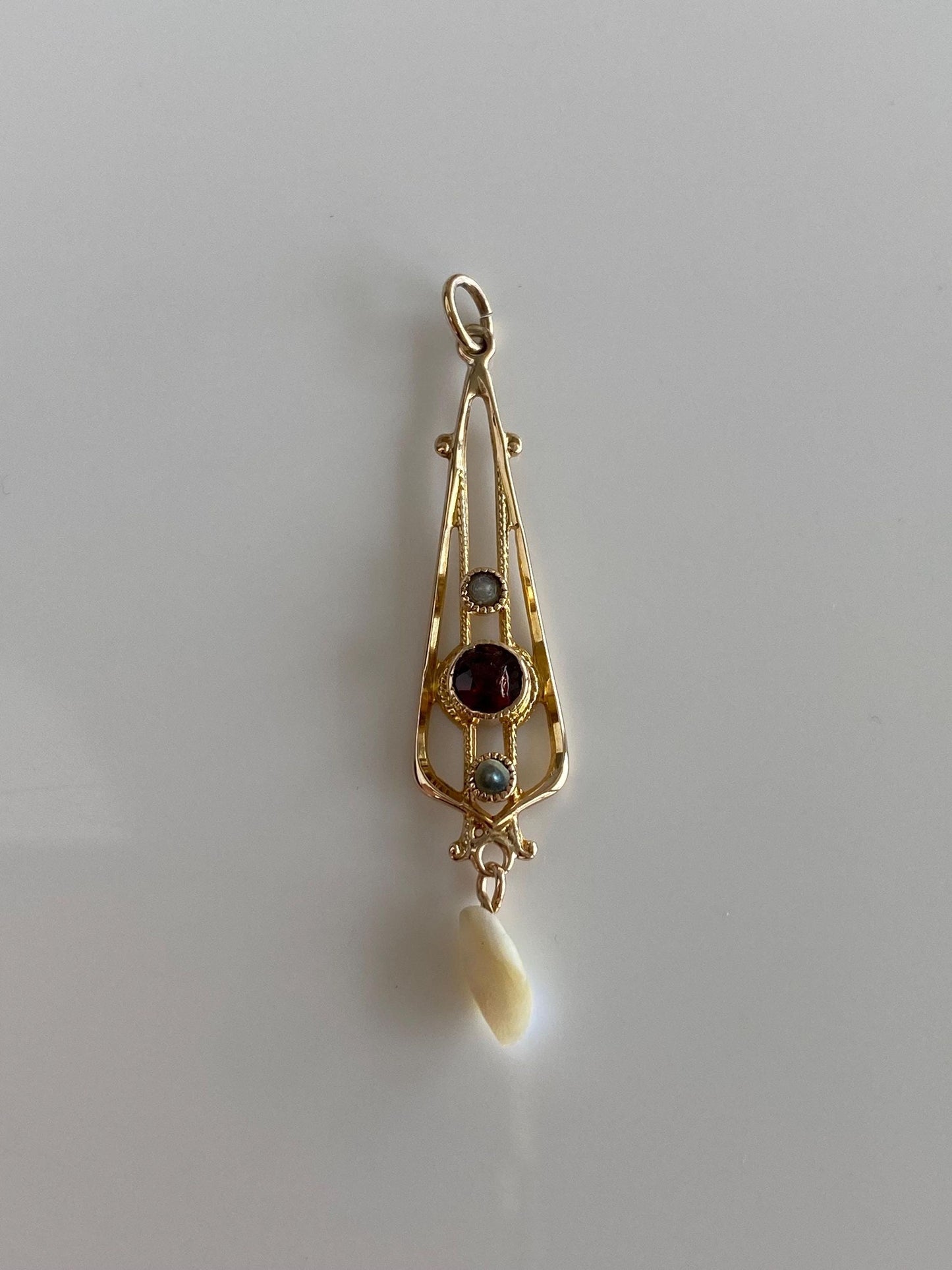 Vintage Solid 10k Yellow Gold Garnet Seed Pearls Freeform Pearl Dangle Charm
