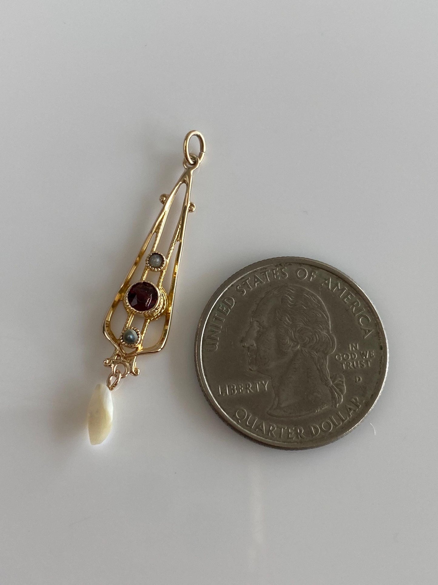 Vintage Solid 10k Yellow Gold Garnet Seed Pearls Freeform Pearl Dangle Charm
