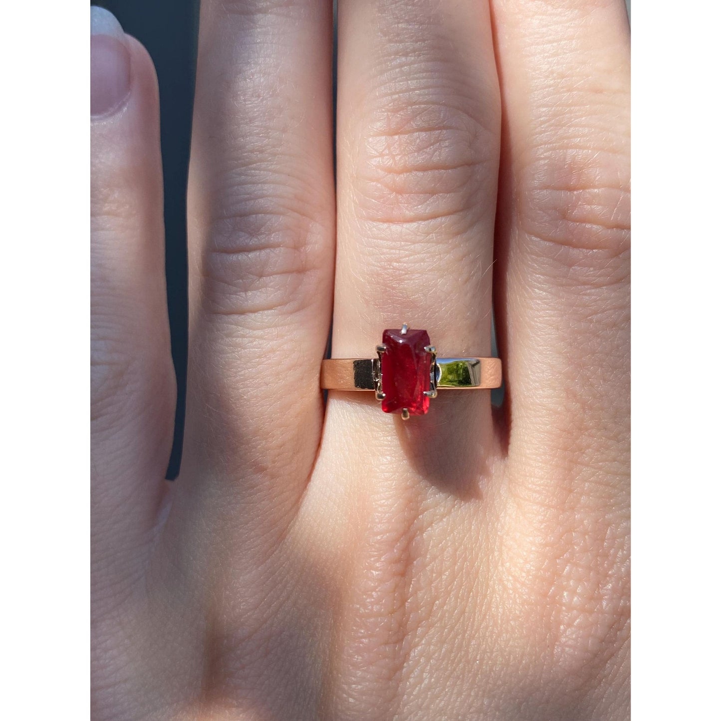 Vintage Solid 9k Rosey Gold Red Cubic Zirconia Ring - Size 7