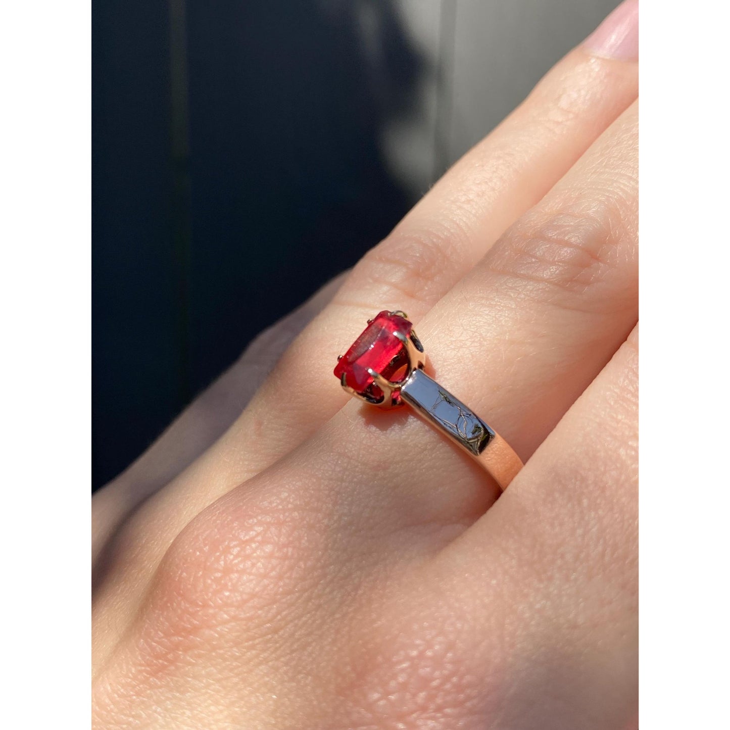 Vintage Solid 9k Rosey Gold Red Cubic Zirconia Ring - Size 7