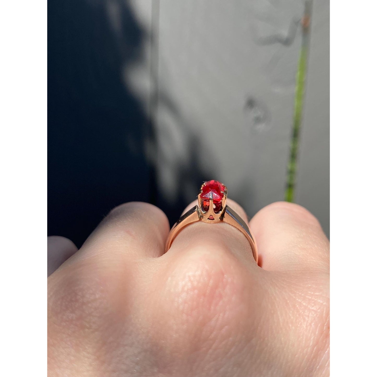 Vintage Solid 9k Rosey Gold Red Cubic Zirconia Ring - Size 7