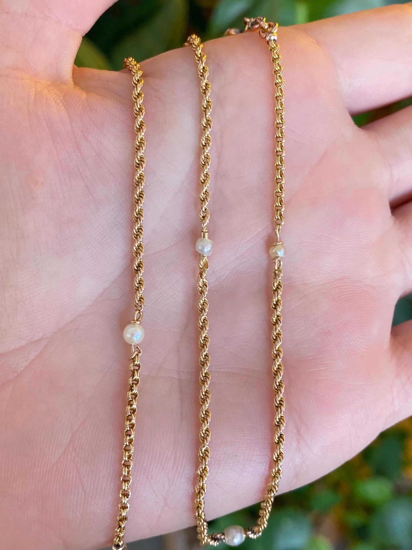 Vintage Solid 18k Yellow Gold Pearls Rope Chain Necklace - 16 inches