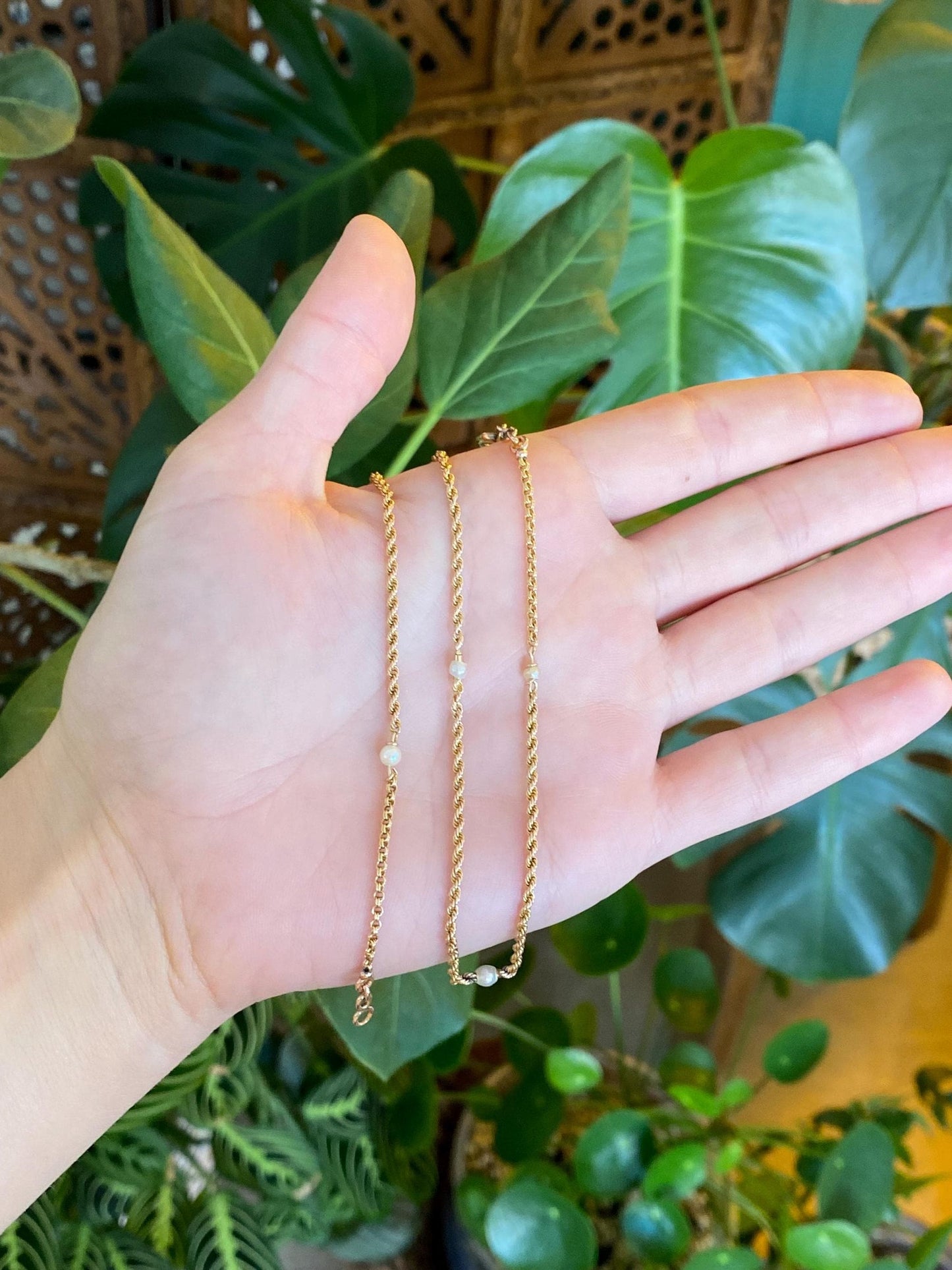 Vintage Solid 18k Yellow Gold Pearls Rope Chain Necklace - 16 inches