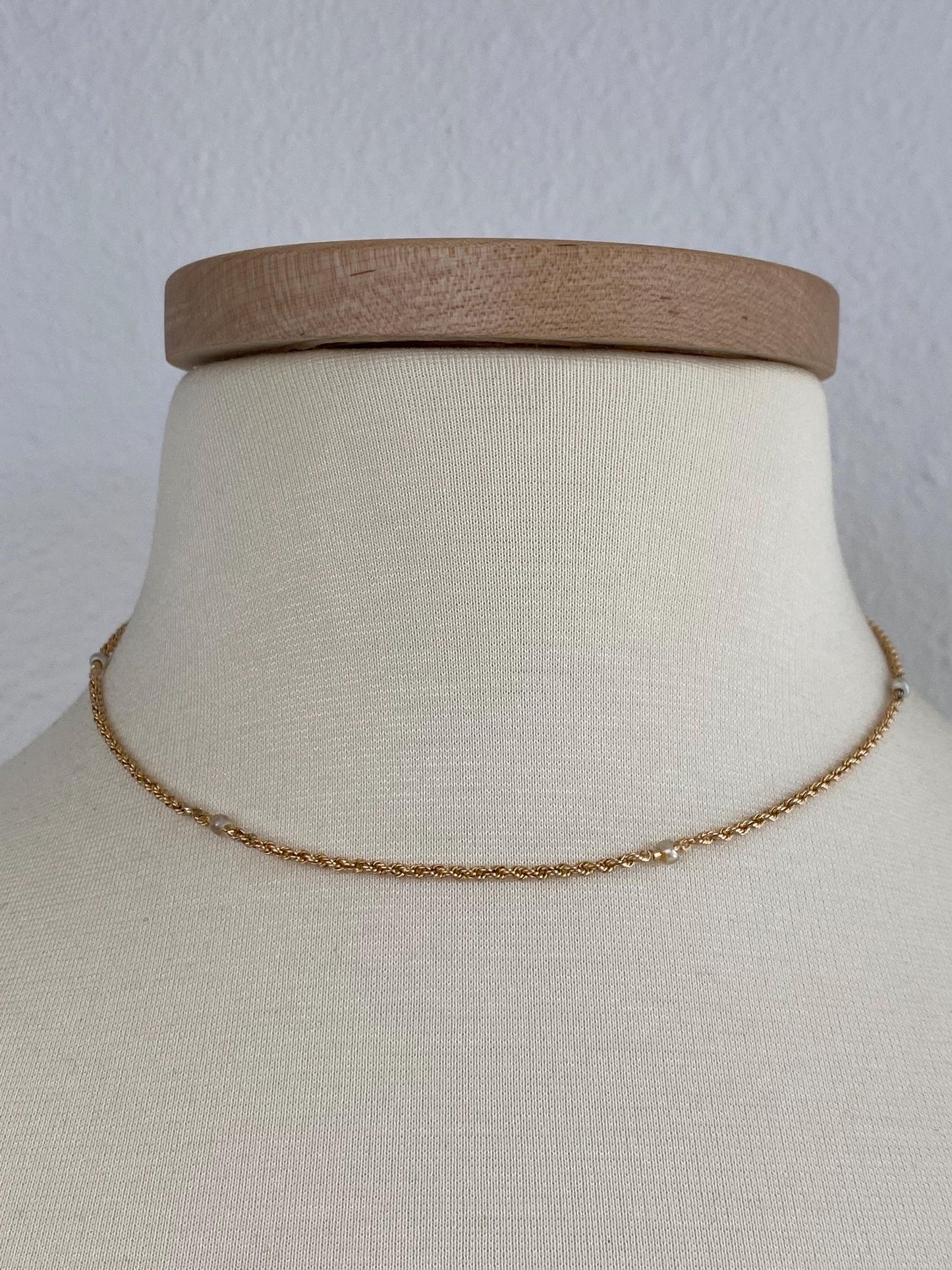Vintage Solid 18k Yellow Gold Pearls Rope Chain Necklace - 16 inches