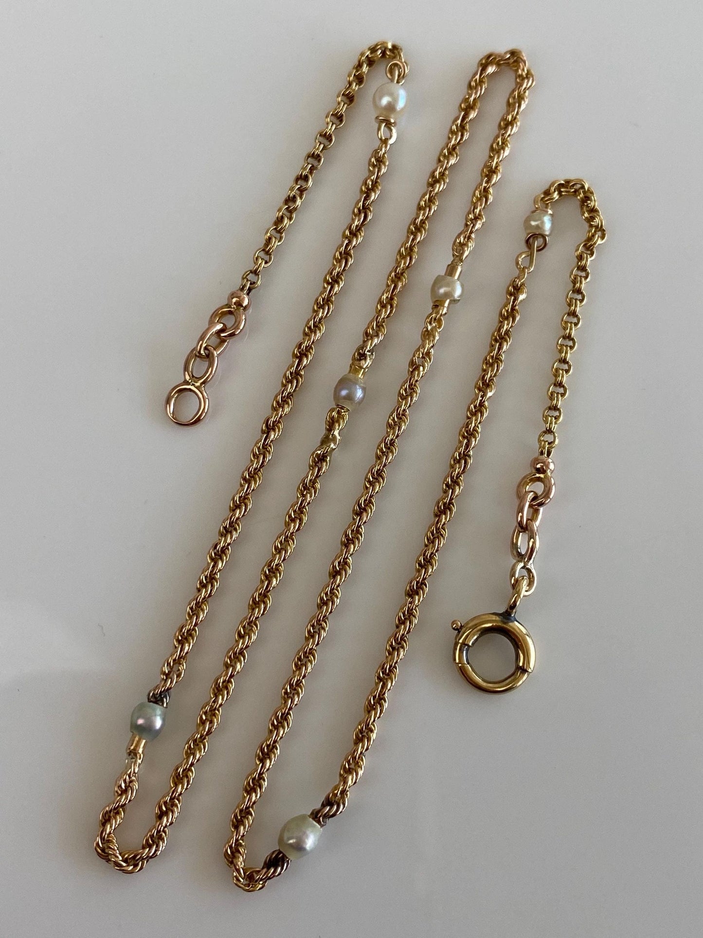 Vintage Solid 18k Yellow Gold Pearls Rope Chain Necklace - 16 inches