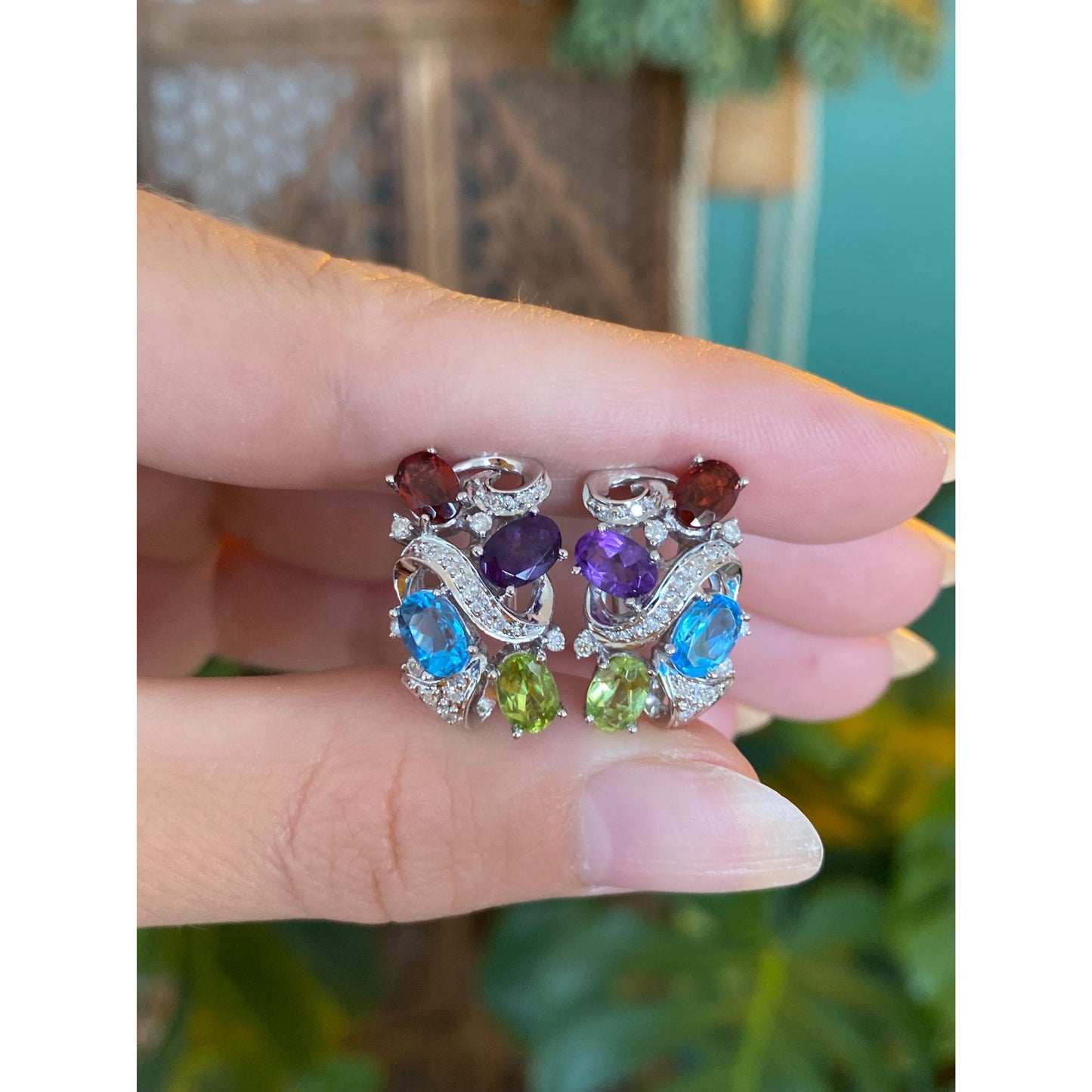 Vintage Solid 14k White Gold Diamond Garnet Amethyst Peridot Topaz Drop Earrings