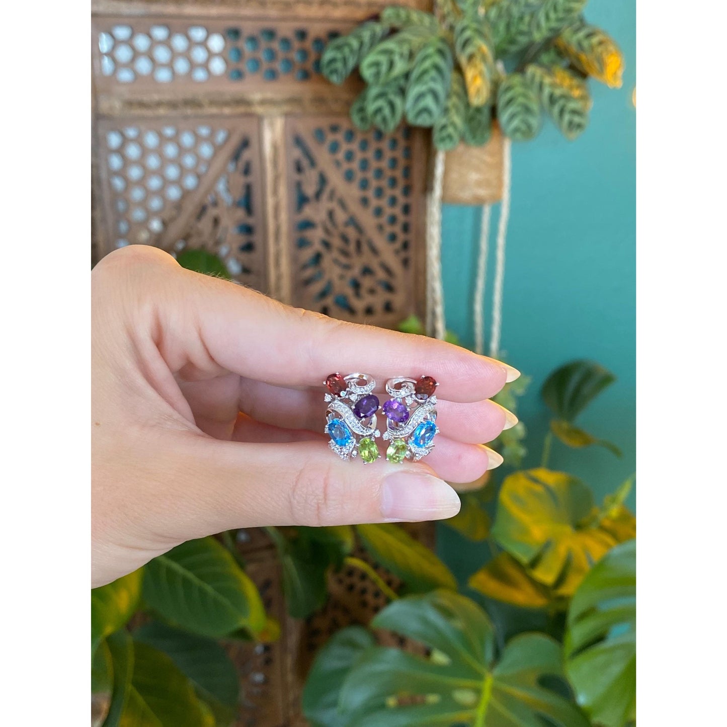 Vintage Solid 14k White Gold Diamond Garnet Amethyst Peridot Topaz Drop Earrings