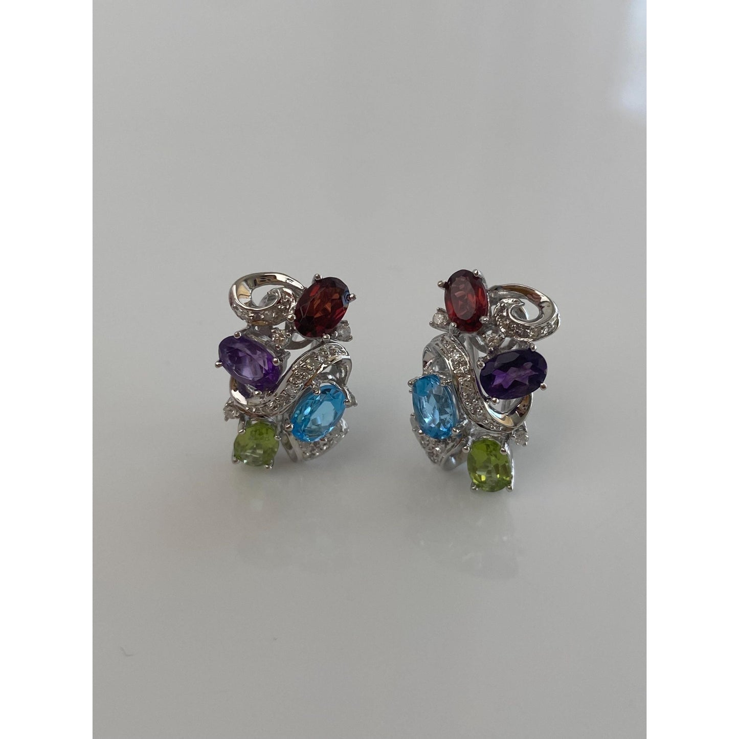 Vintage Solid 14k White Gold Diamond Garnet Amethyst Peridot Topaz Drop Earrings
