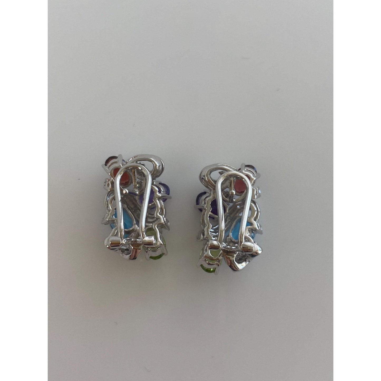 Vintage Solid 14k White Gold Diamond Garnet Amethyst Peridot Topaz Drop Earrings