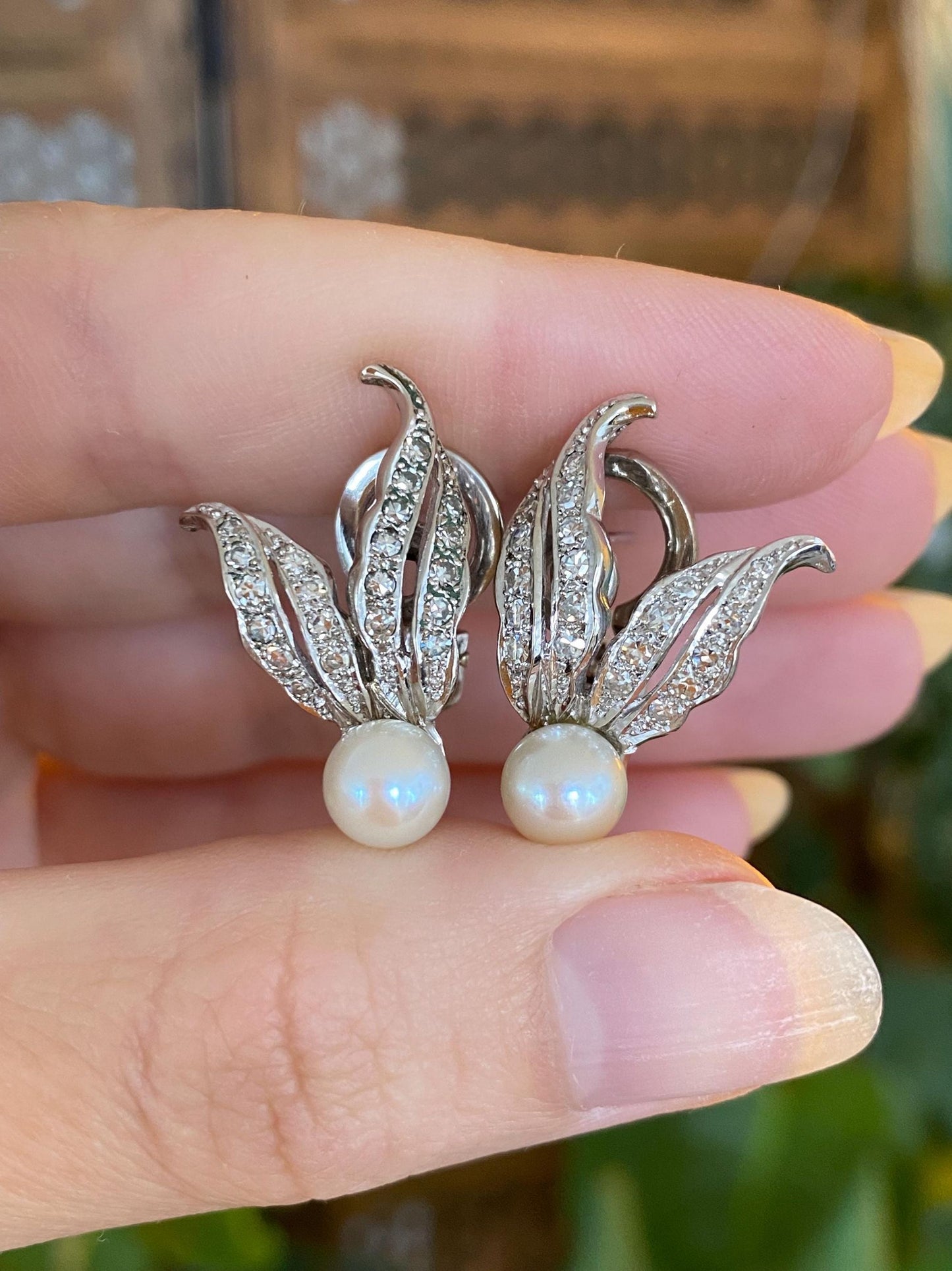Vintage Solid 14k White Gold Diamonds Pearl Drop Earrings