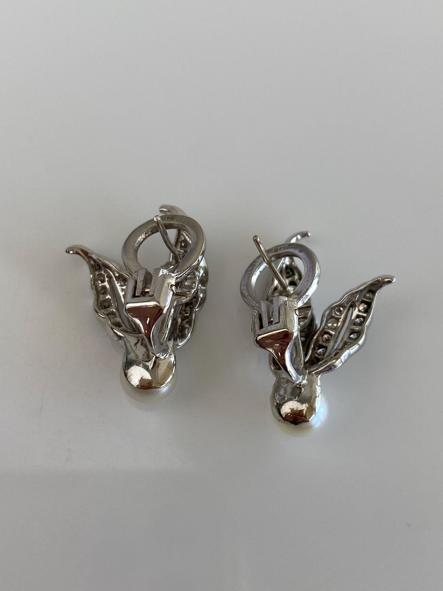 Vintage Solid 14k White Gold Diamonds Pearl Drop Earrings