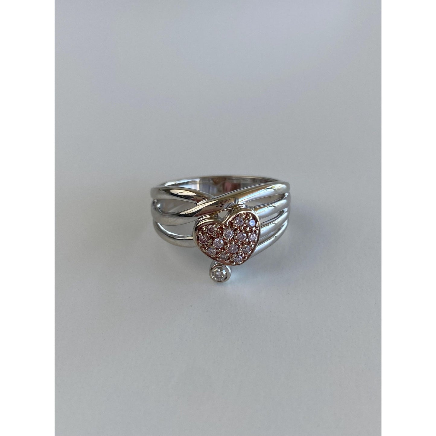 Vintage Solid 14k Rosey & White Gold Diamond Heart Ring - Size 7