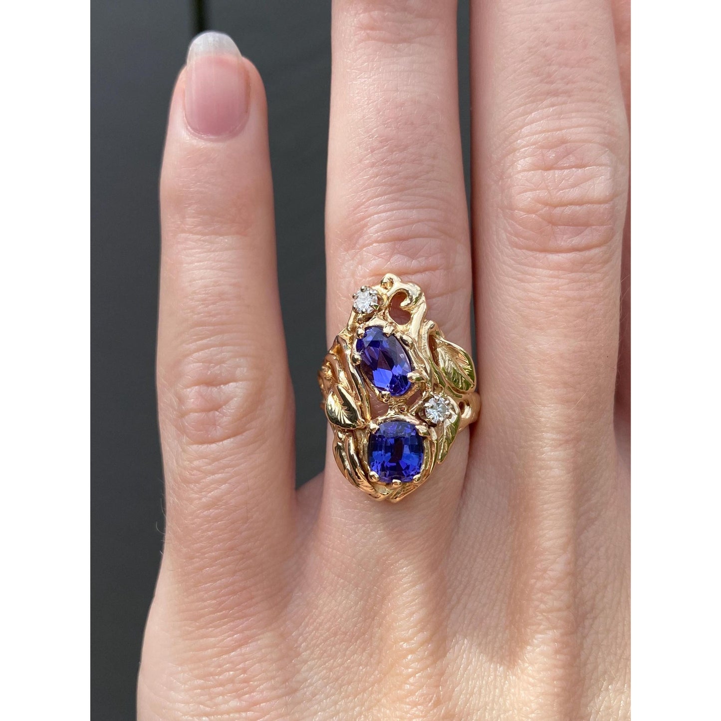 Solid 14k Yellow Gold Diamond Tanzanite Leaves Ring - Size 4.25