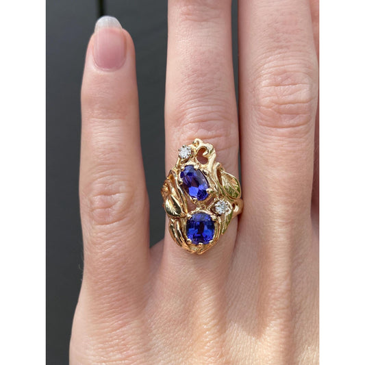 Solid 14k Yellow Gold Diamond Tanzanite Leaves Ring - Size 4.25
