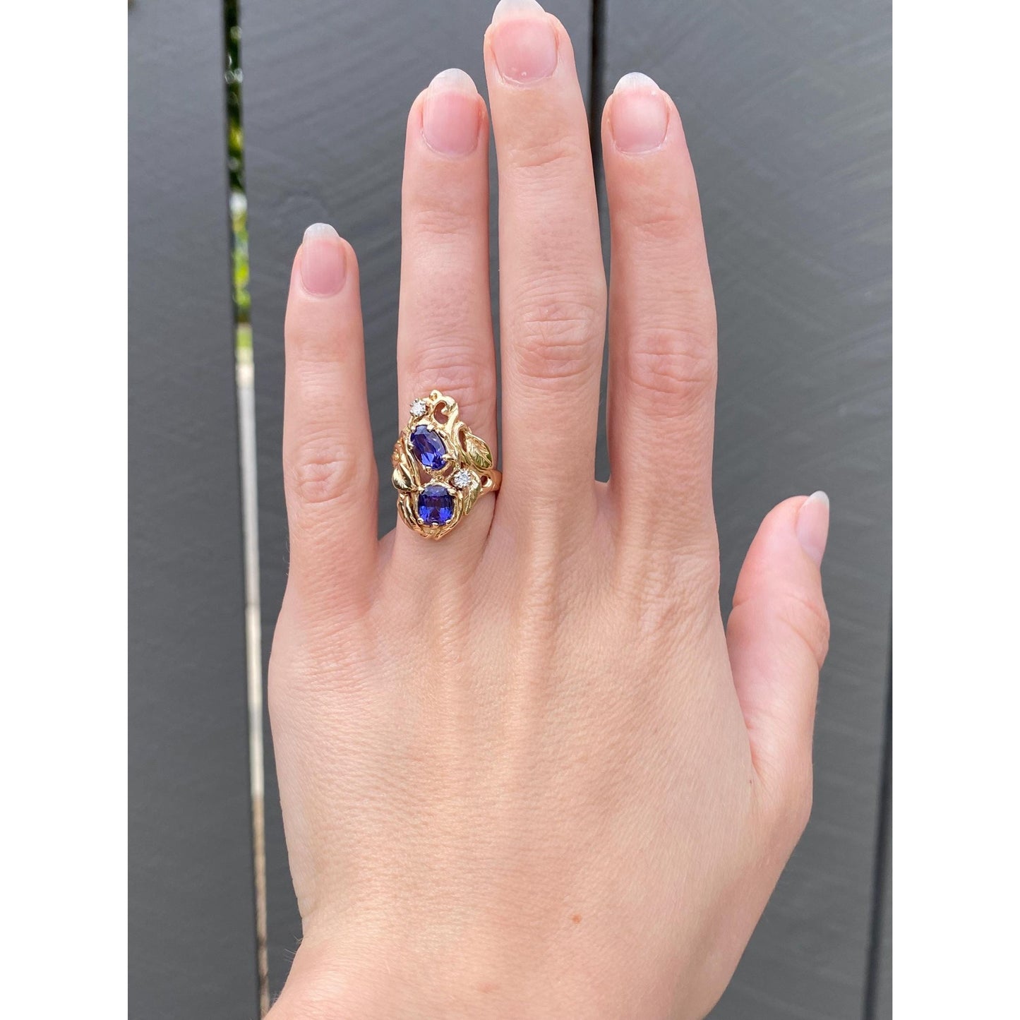 Solid 14k Yellow Gold Diamond Tanzanite Leaves Ring - Size 4.25