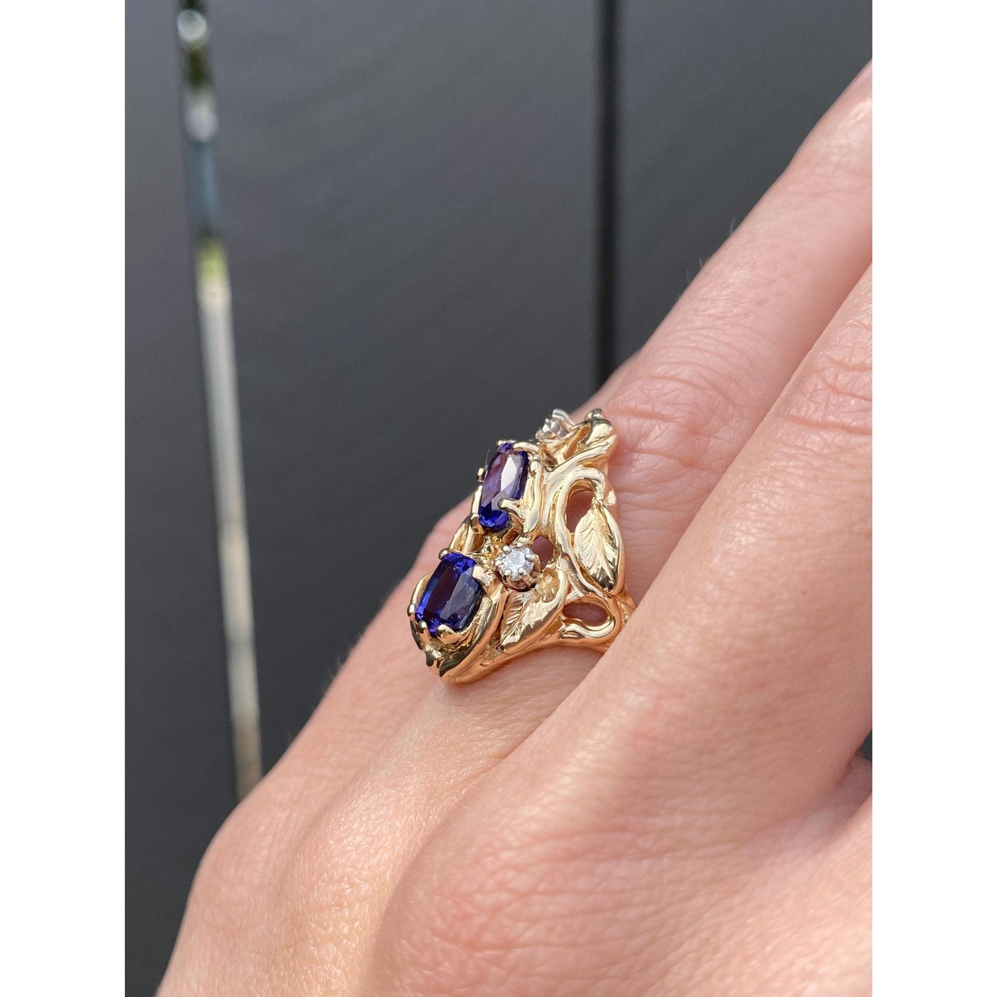 Solid 14k Yellow Gold Diamond Tanzanite Leaves Ring - Size 4.25