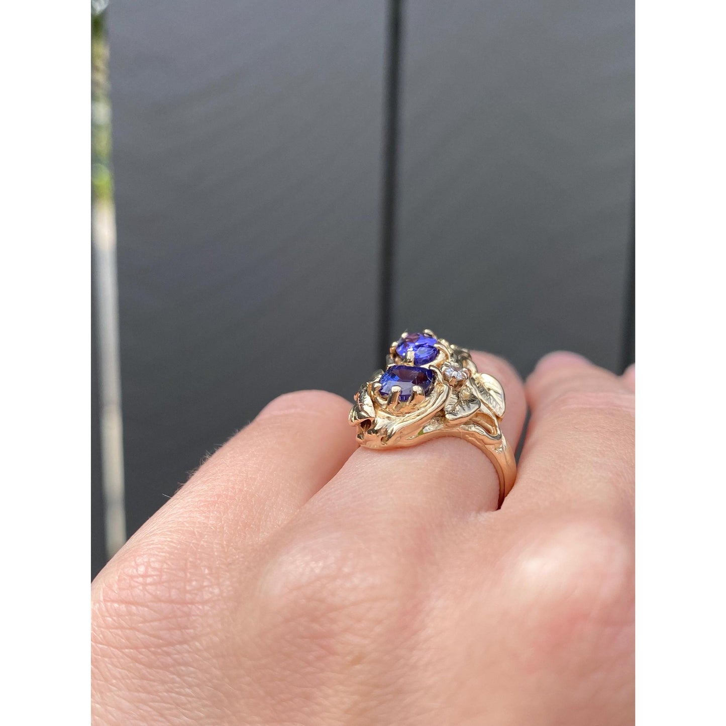 Solid 14k Yellow Gold Diamond Tanzanite Leaves Ring - Size 4.25