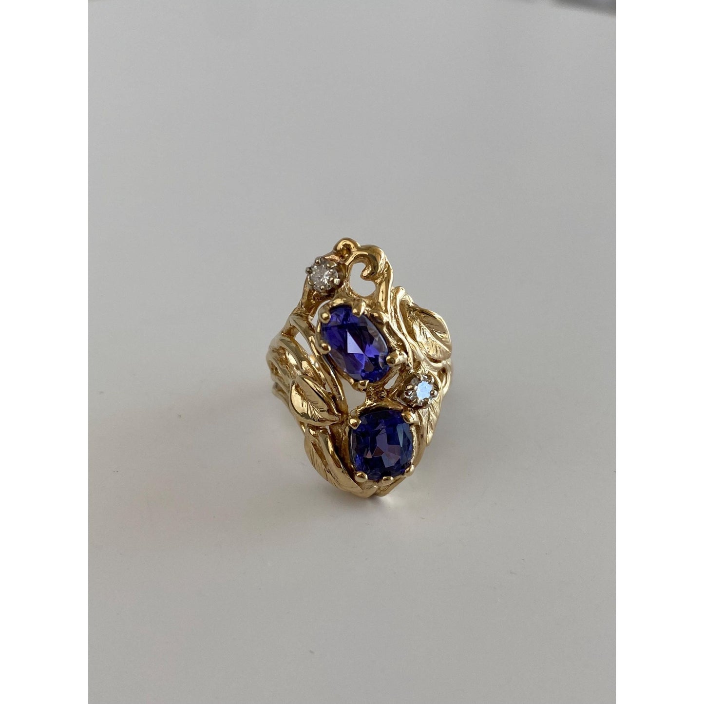 Solid 14k Yellow Gold Diamond Tanzanite Leaves Ring - Size 4.25