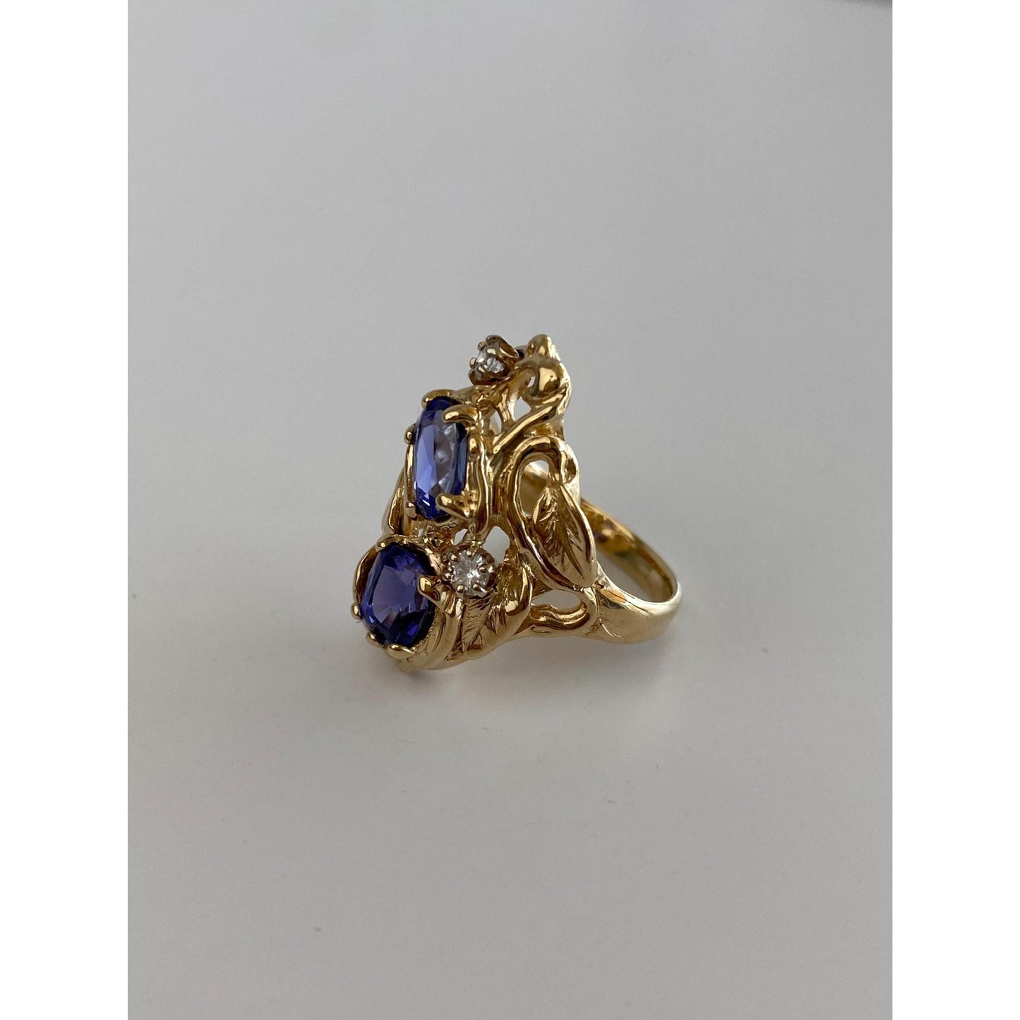 Solid 14k Yellow Gold Diamond Tanzanite Leaves Ring - Size 4.25