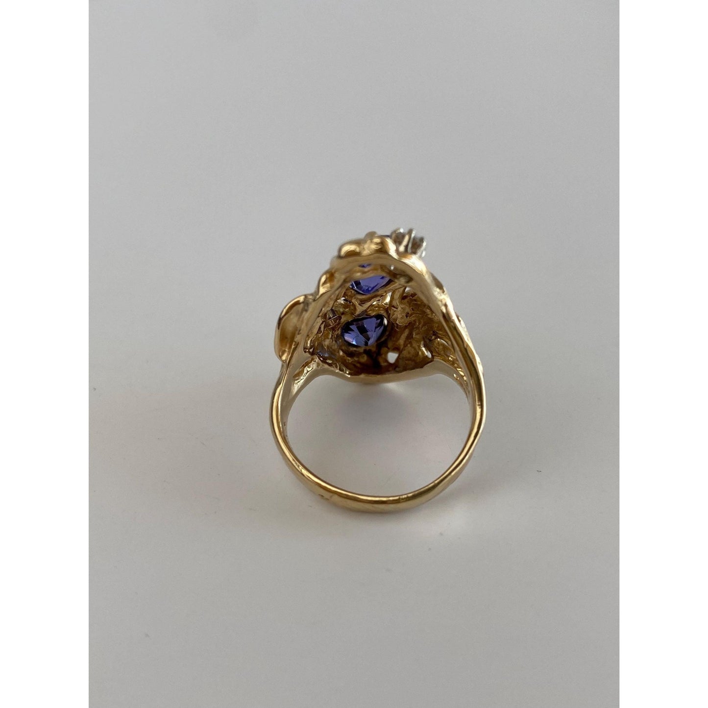 Solid 14k Yellow Gold Diamond Tanzanite Leaves Ring - Size 4.25