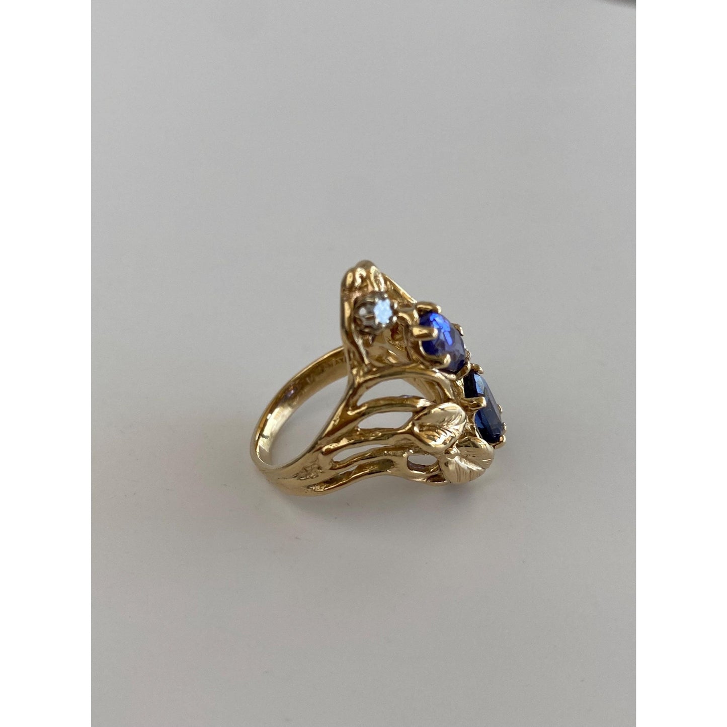 Solid 14k Yellow Gold Diamond Tanzanite Leaves Ring - Size 4.25