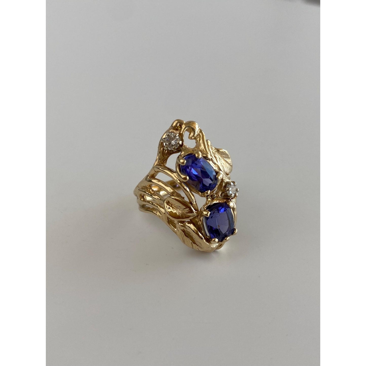 Solid 14k Yellow Gold Diamond Tanzanite Leaves Ring - Size 4.25