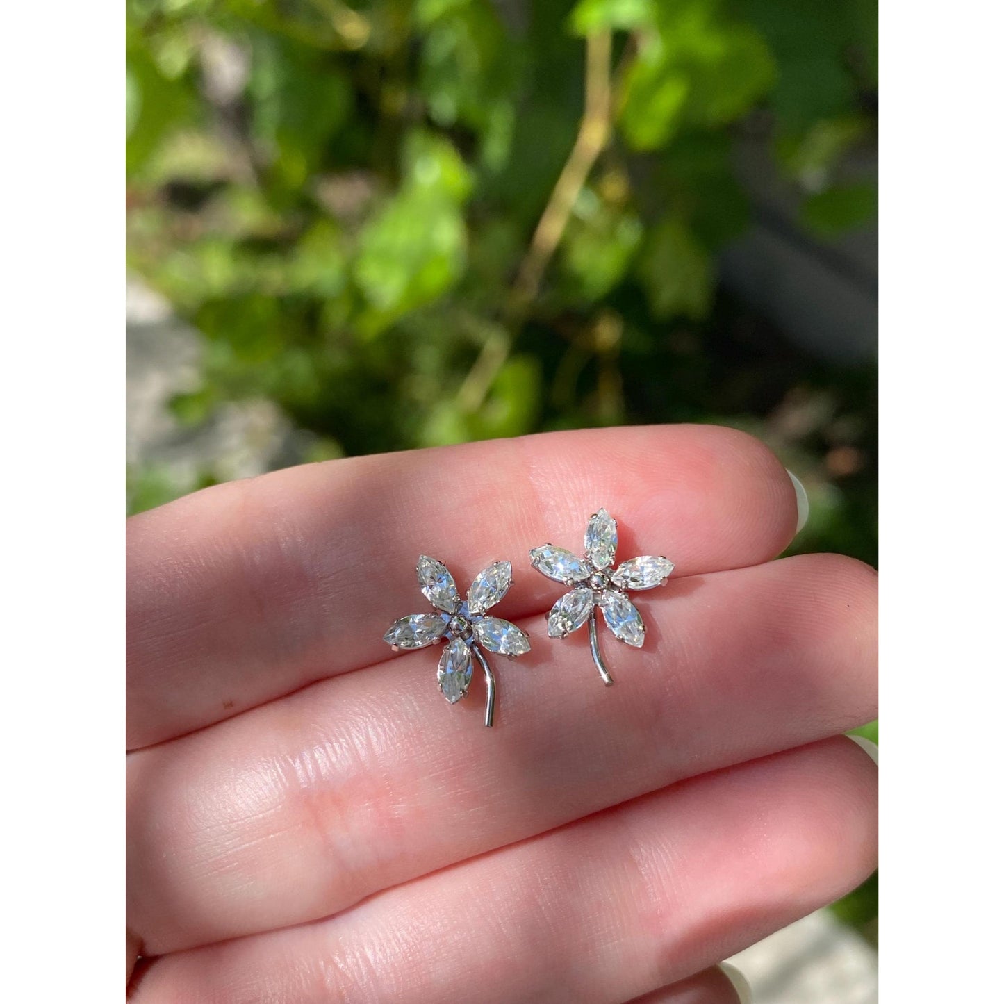 Solid 14k White Gold Cubic Zirconia Flower Stud Earrings
