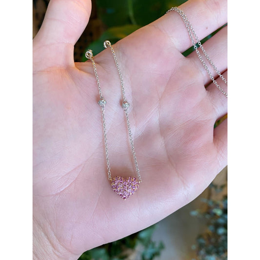 Solid 18k White & Rose Gold Pink and Clear Sapphire Heart Cable Link Chain Necklace - 17.25 inches
