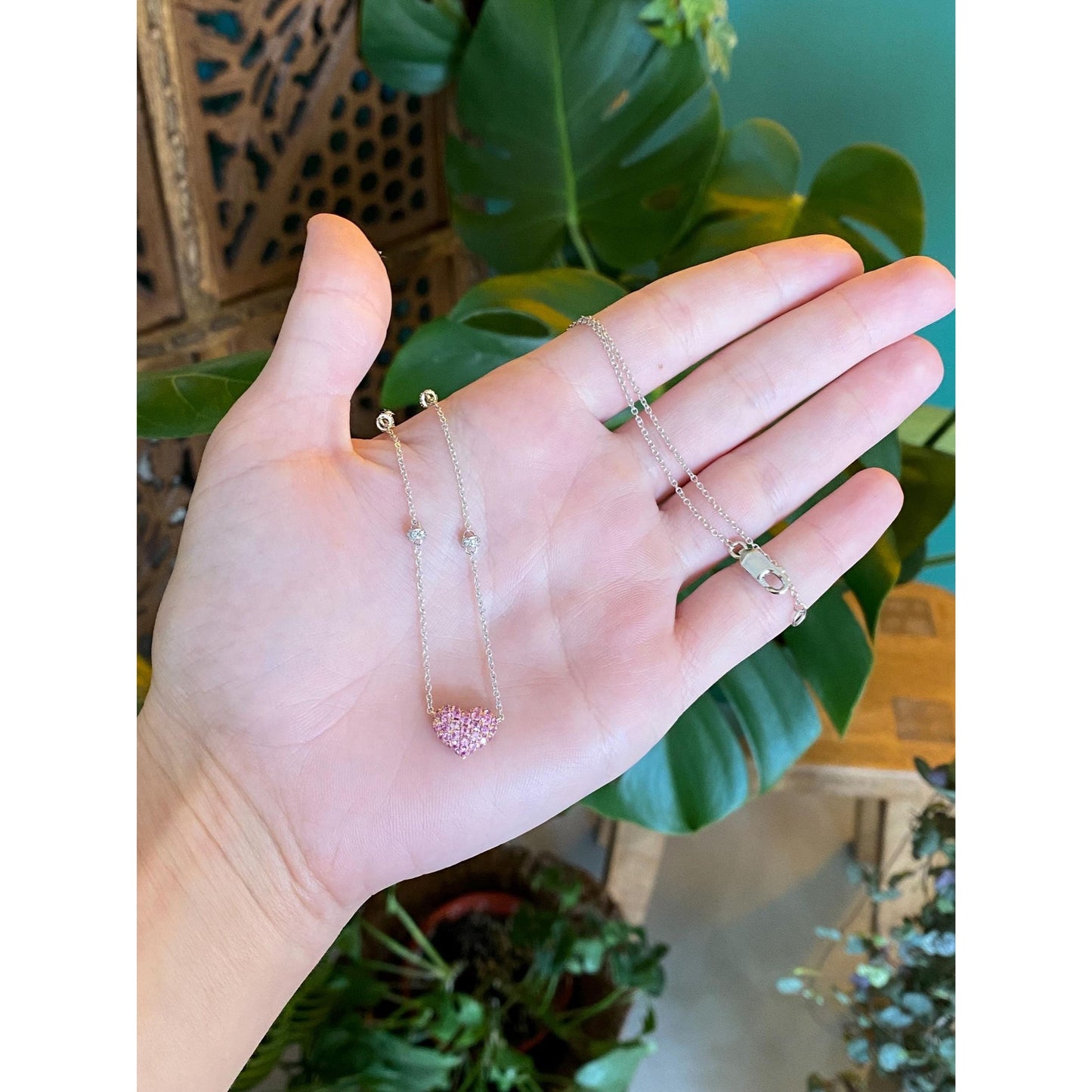 Solid 18k White & Rose Gold Pink and Clear Sapphire Heart Cable Link Chain Necklace - 17.25 inches