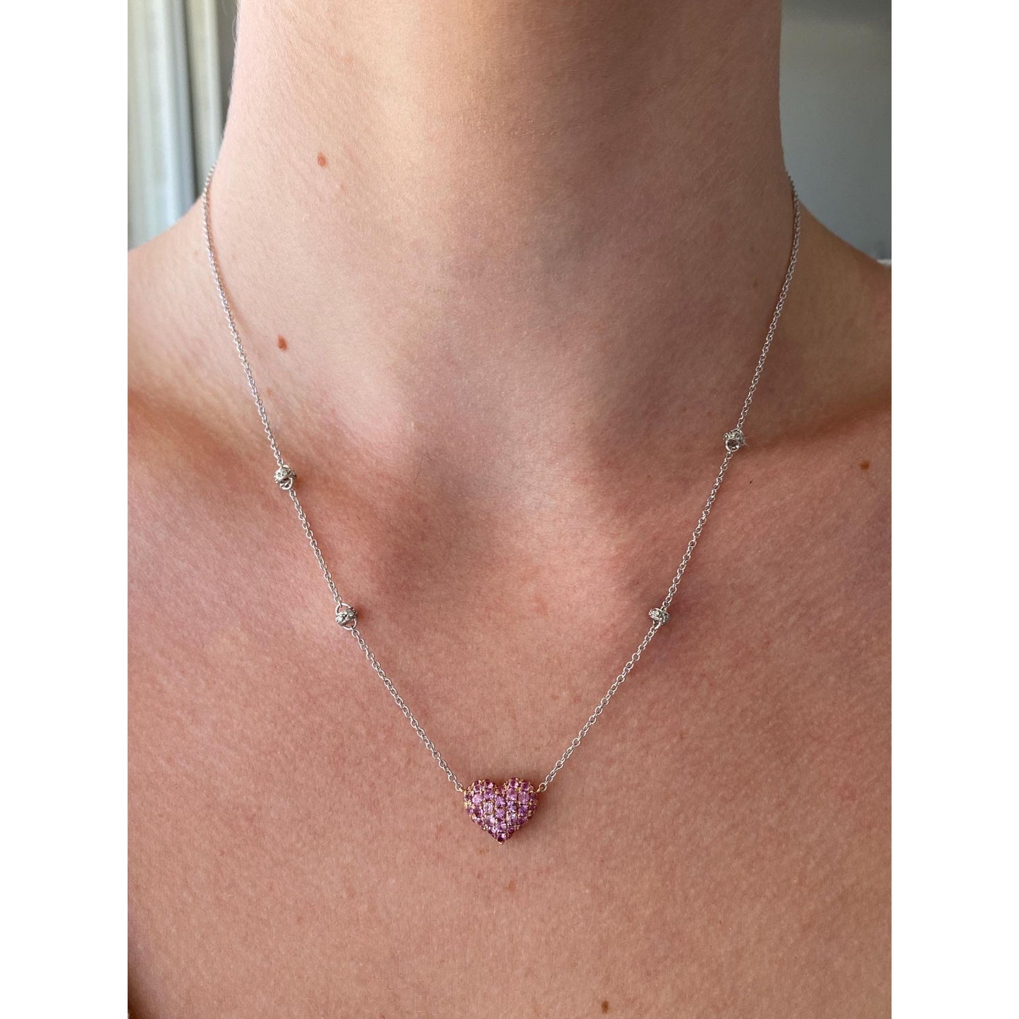 Solid 18k White & Rose Gold Pink and Clear Sapphire Heart Cable Link Chain Necklace - 17.25 inches