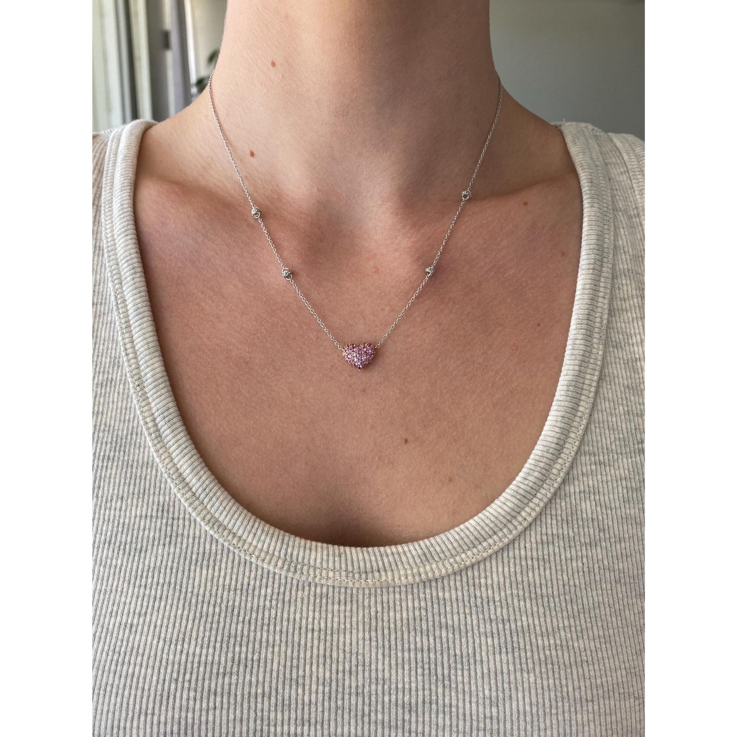 Solid 18k White & Rose Gold Pink and Clear Sapphire Heart Cable Link Chain Necklace - 17.25 inches