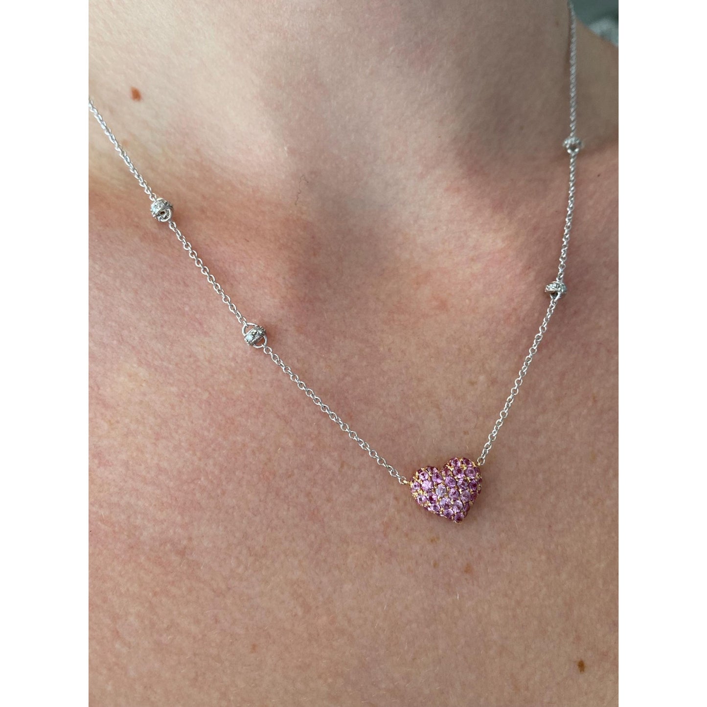 Solid 18k White & Rose Gold Pink and Clear Sapphire Heart Cable Link Chain Necklace - 17.25 inches