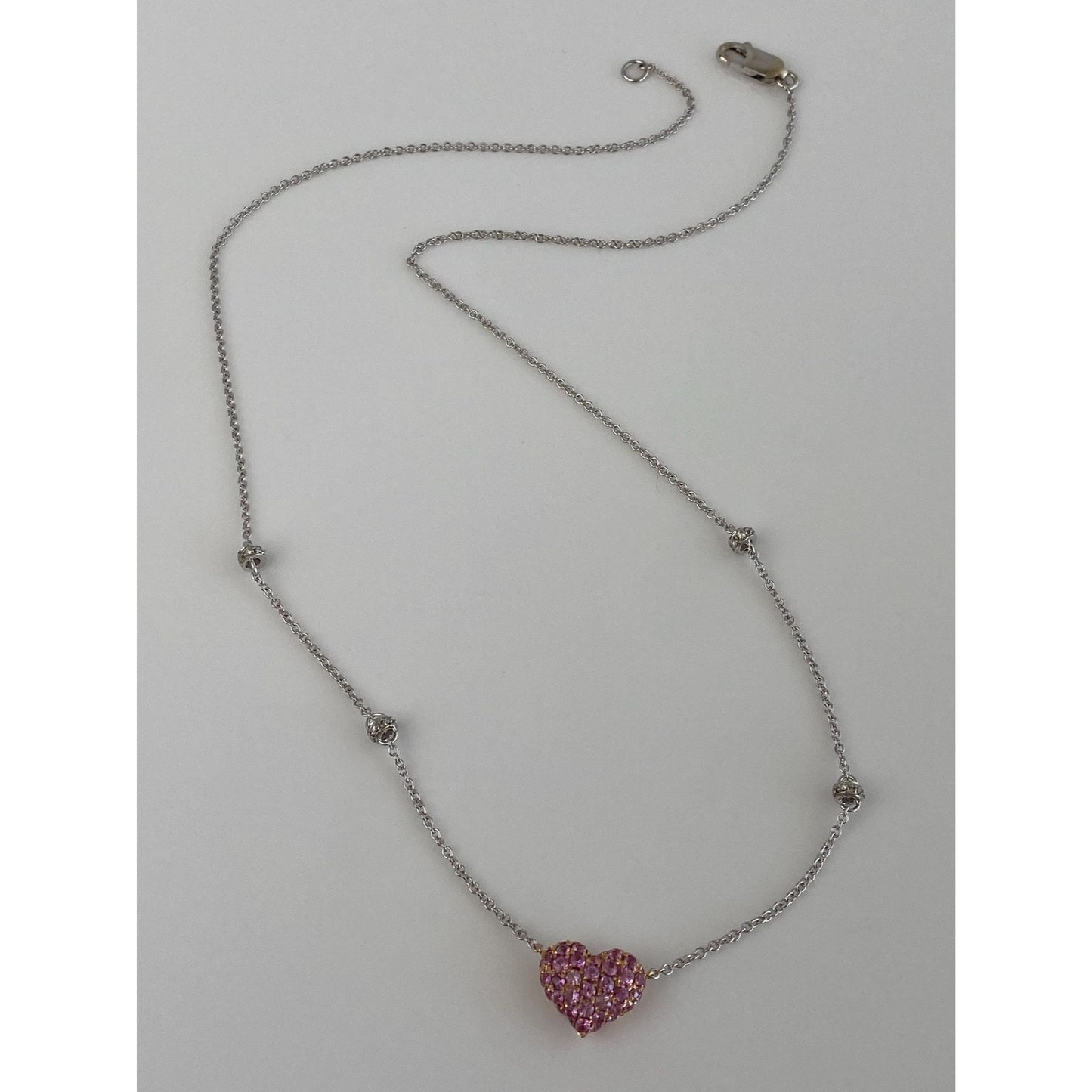 Solid 18k White & Rose Gold Pink and Clear Sapphire Heart Cable Link Chain Necklace - 17.25 inches