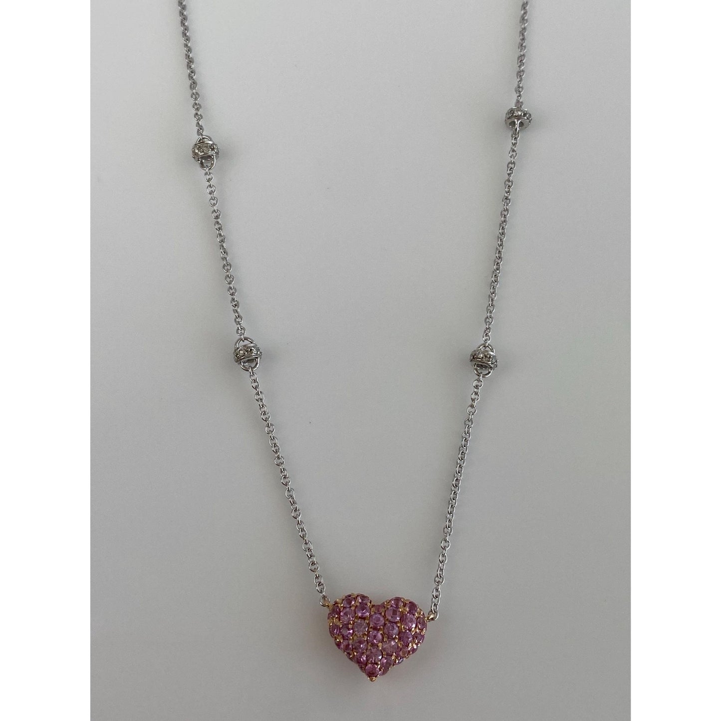 Solid 18k White & Rose Gold Pink and Clear Sapphire Heart Cable Link Chain Necklace - 17.25 inches
