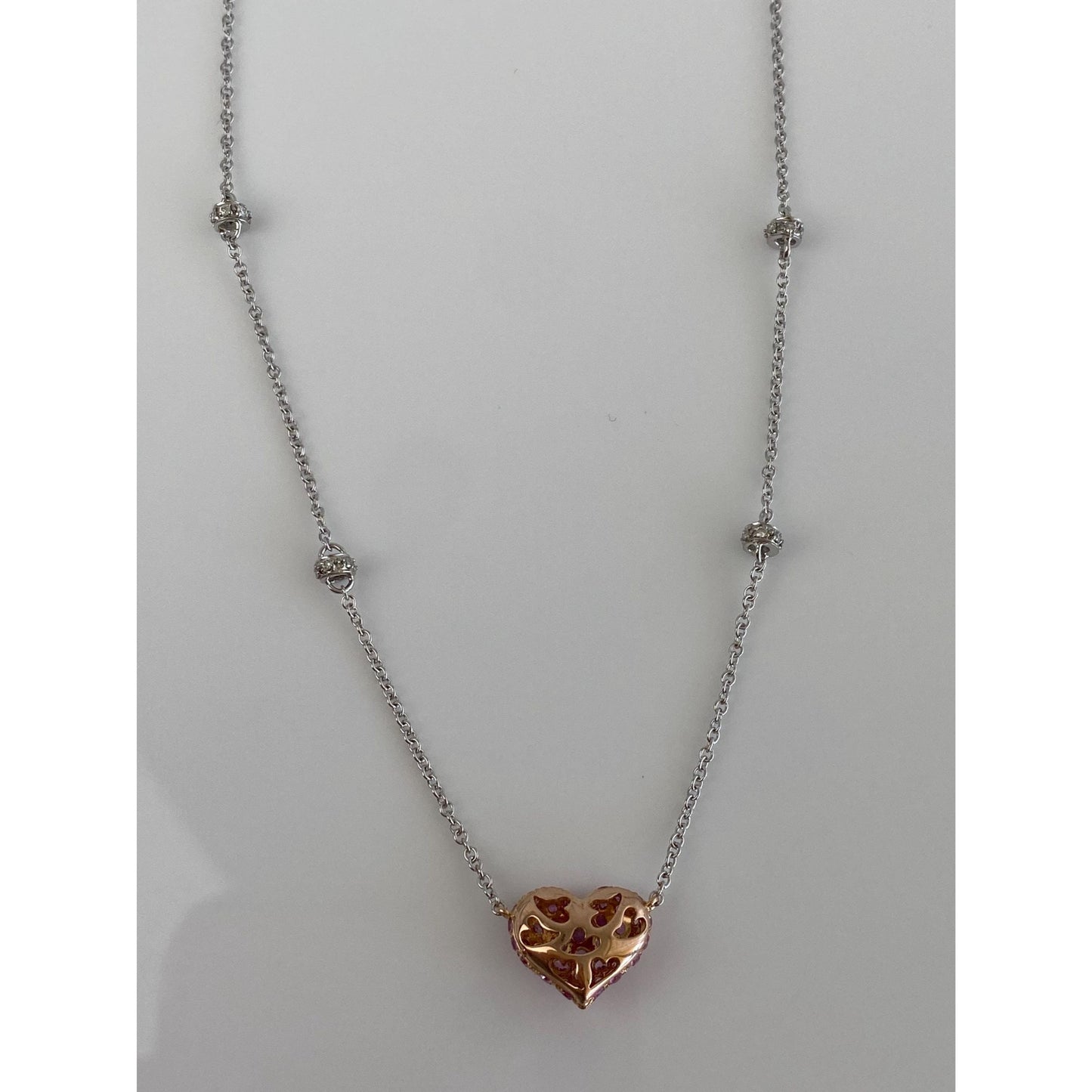 Solid 18k White & Rose Gold Pink and Clear Sapphire Heart Cable Link Chain Necklace - 17.25 inches