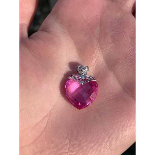 Solid 10k White Gold Pink Sapphire Diamond Heart Charm