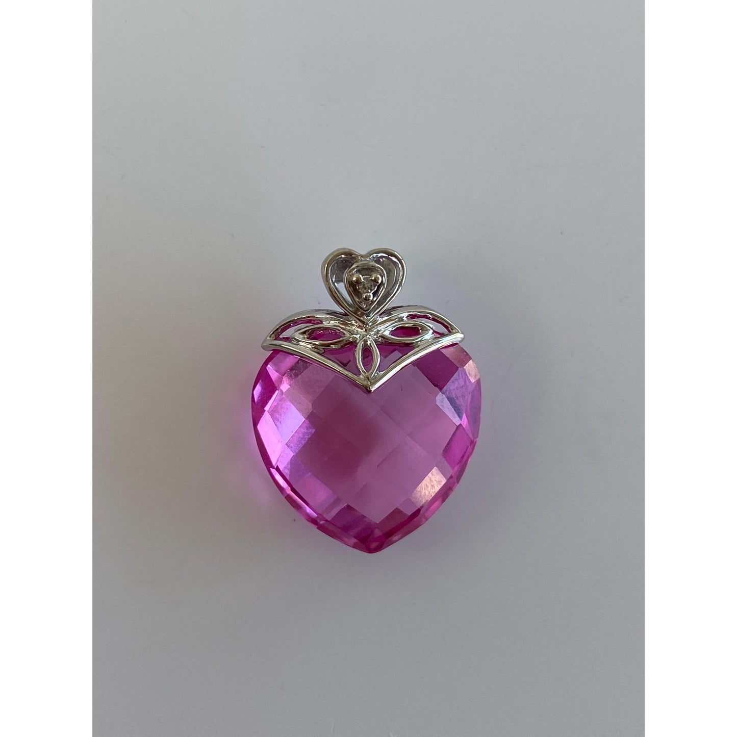 Solid 10k White Gold Pink Sapphire Diamond Heart Charm